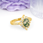Classic Pavé-Set, Luxurious 4-Prong Oval Cut Moss Agate Engagement Ring - Additional view