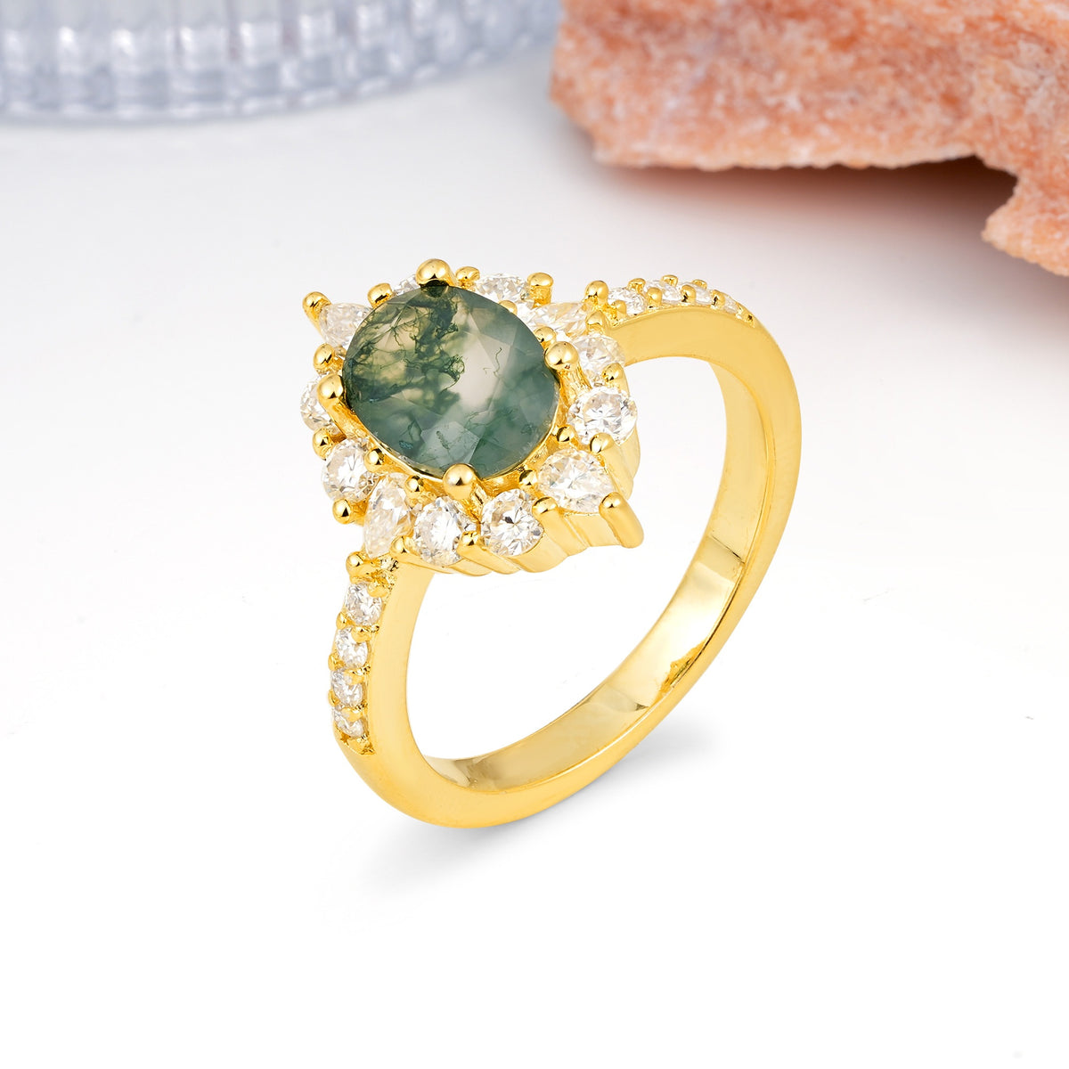 Classic Pavé-Set, Luxurious 4-Prong Oval Cut Moss Agate Engagement Ring - Additional view