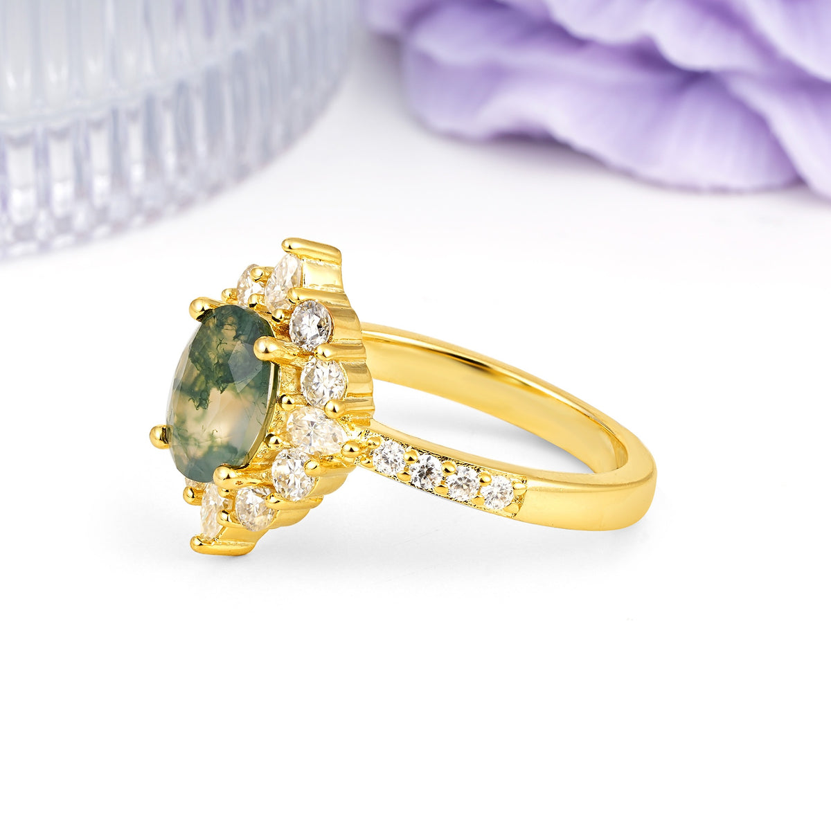 Classic Pavé-Set, Luxurious 4-Prong Oval Cut Moss Agate Engagement Ring - Additional view