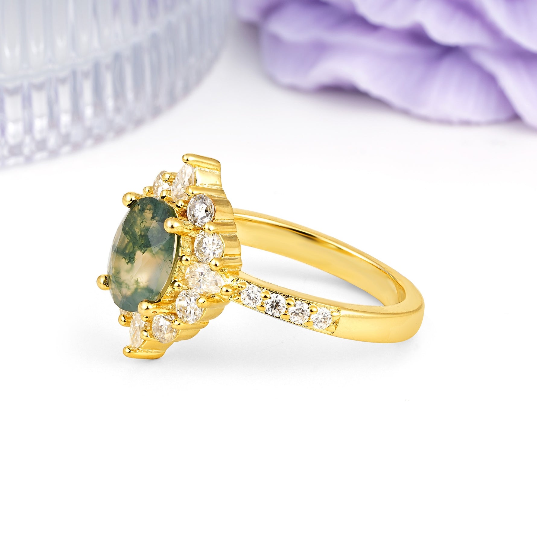 Classic Pavé-Set, Luxurious 4-Prong Oval Cut Moss Agate Engagement Ring - Additional view