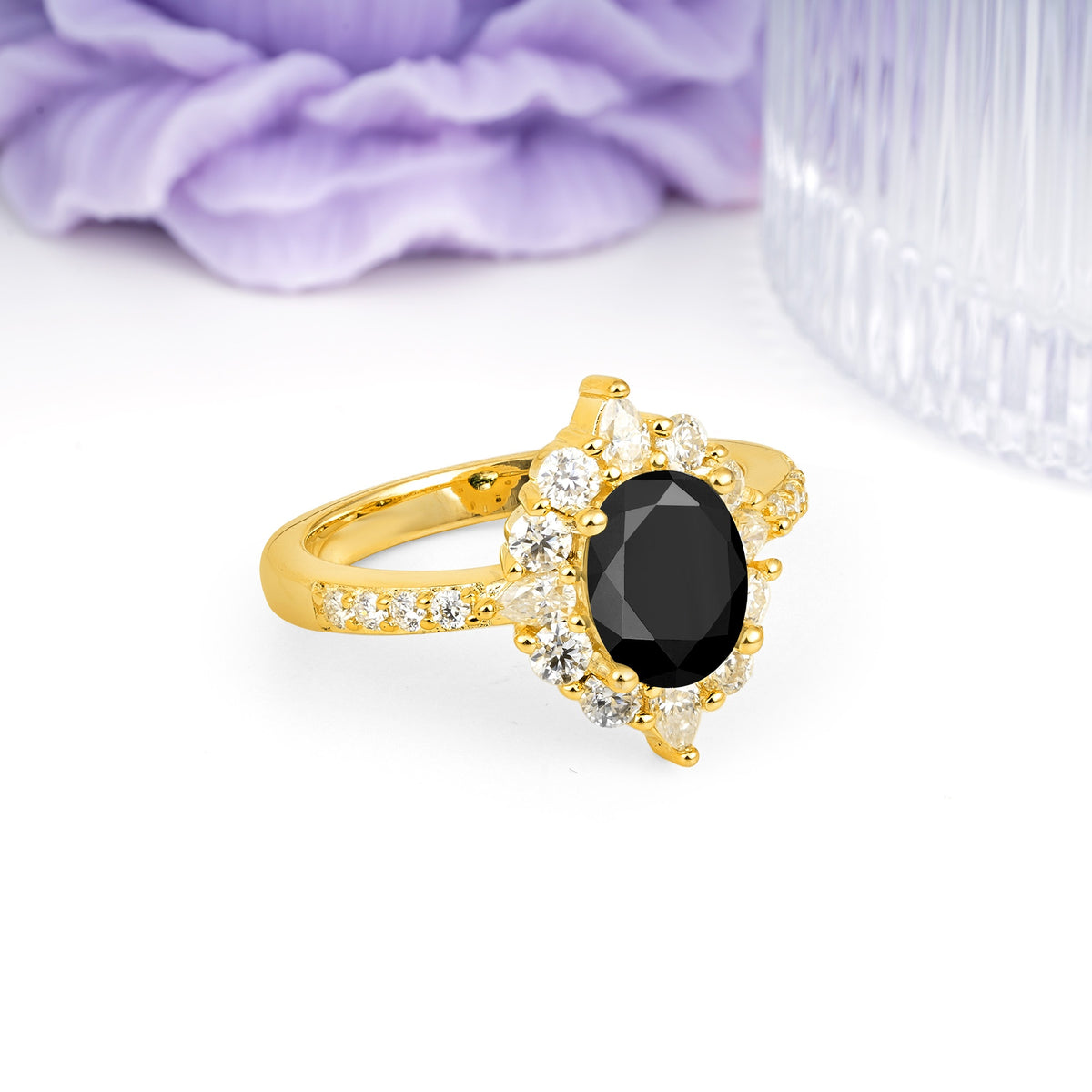 Classic Pavé-Set, Luxurious 4-Prong Oval Cut Black Onyx Engagement Ring - Additional view