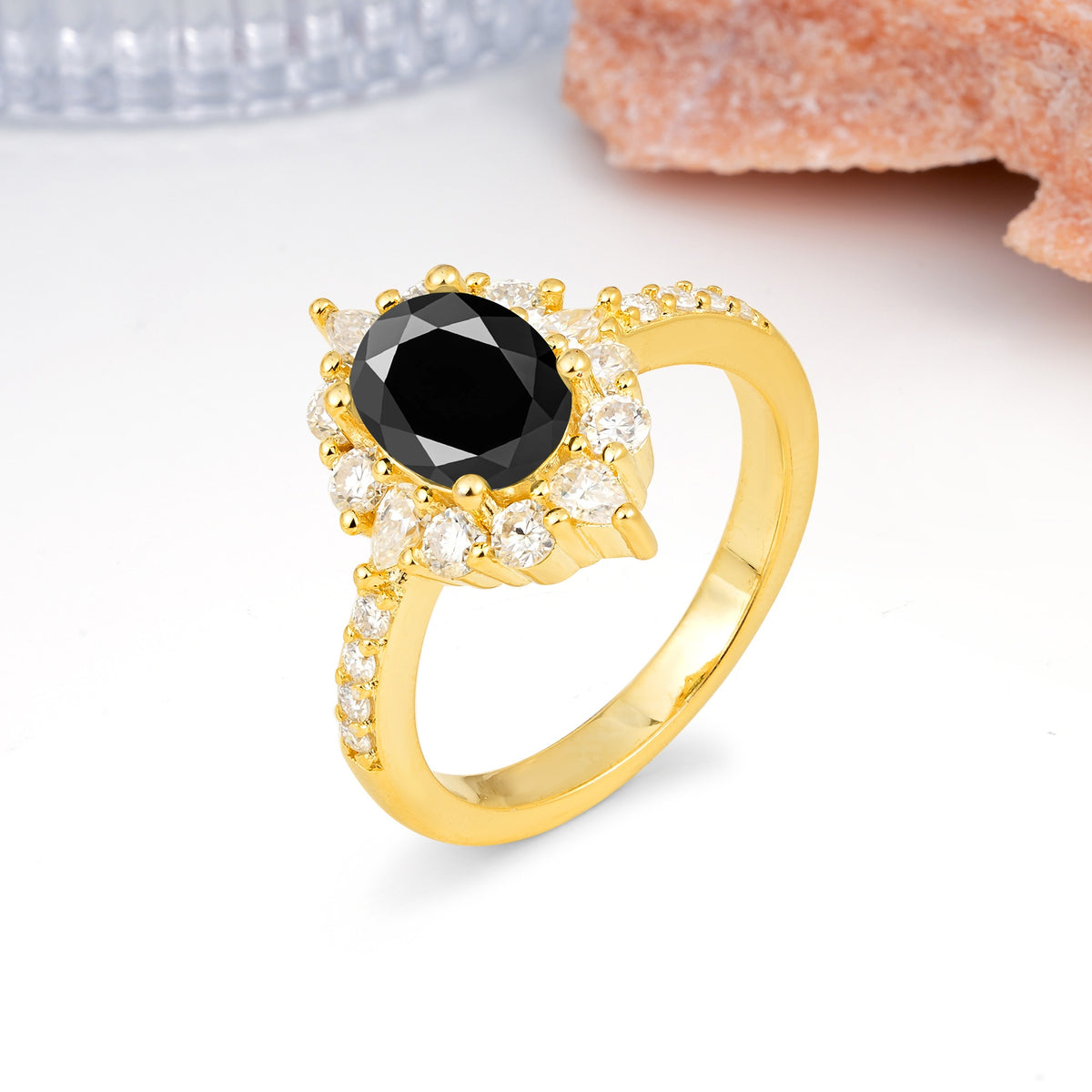 Classic Pavé-Set, Luxurious 4-Prong Oval Cut Black Onyx Engagement Ring - Additional view