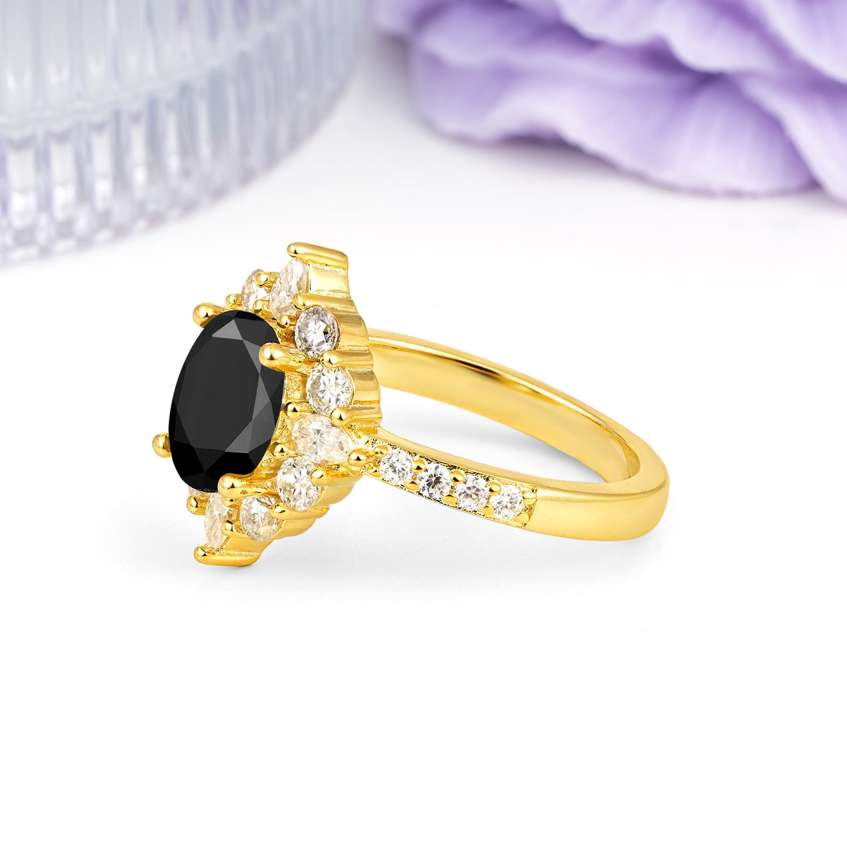 Classic Pavé-Set, Luxurious 4-Prong Oval Cut Black Onyx Engagement Ring - Additional view