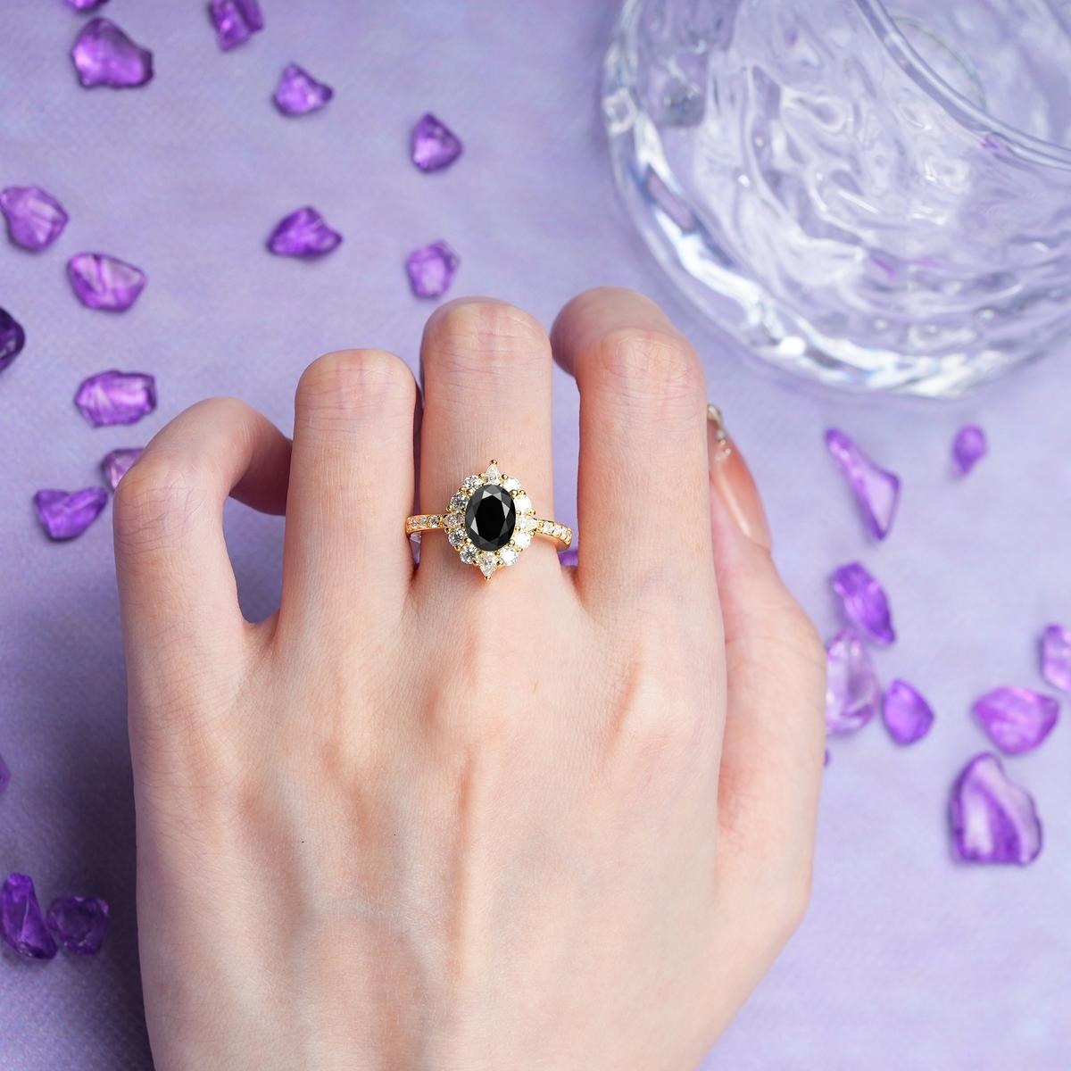 Classic Pavé-Set, Luxurious 4-Prong Oval Cut Black Onyx Engagement Ring