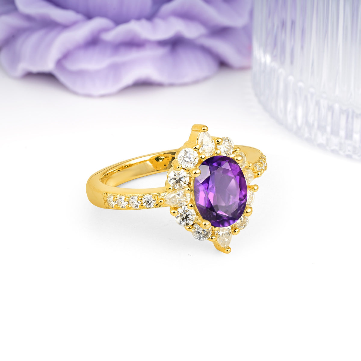 Classic Pavé-Set, Luxurious 4-Prong Oval Cut Amethyst Engagement Ring - Additional view