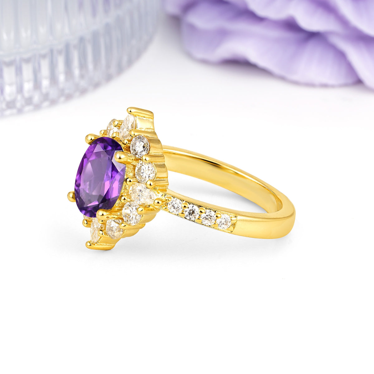 Classic Pavé-Set, Luxurious 4-Prong Oval Cut Amethyst Engagement Ring - Additional view