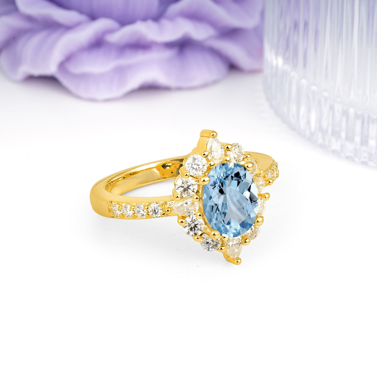 Classic Pavé-Set, Luxurious 4-Prong Oval Cut Aquamarine Engagement Ring - Additional view