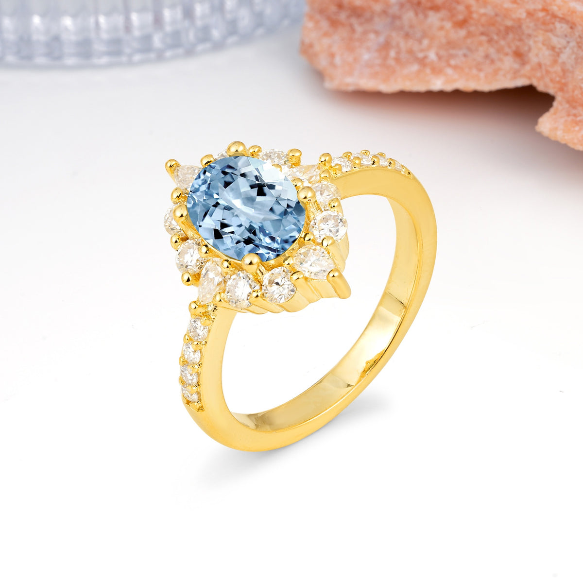 Classic Pavé-Set, Luxurious 4-Prong Oval Cut Aquamarine Engagement Ring - Additional view