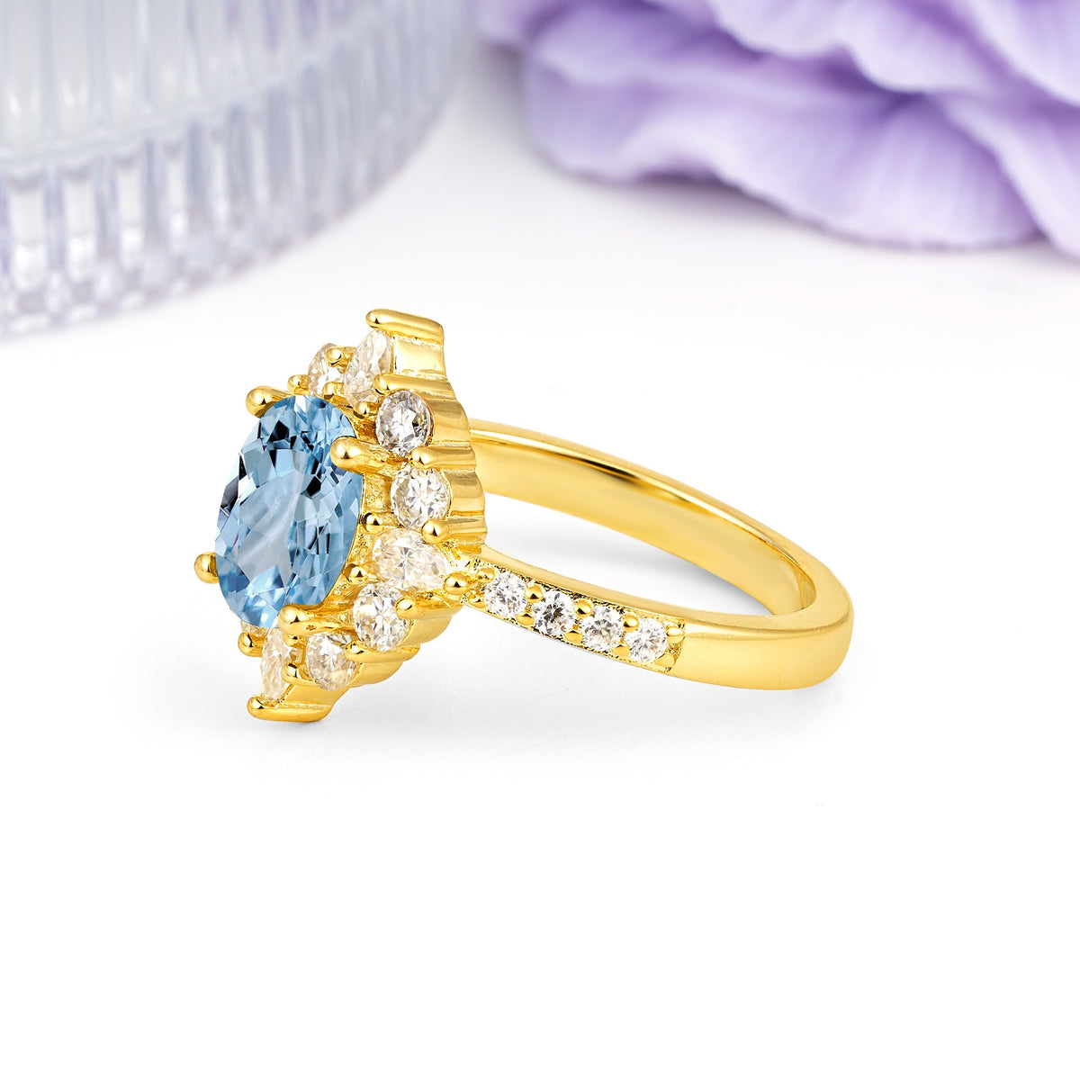 Classic Pavé-Set, Luxurious 4-Prong Oval Cut Aquamarine Engagement Ring - Additional view