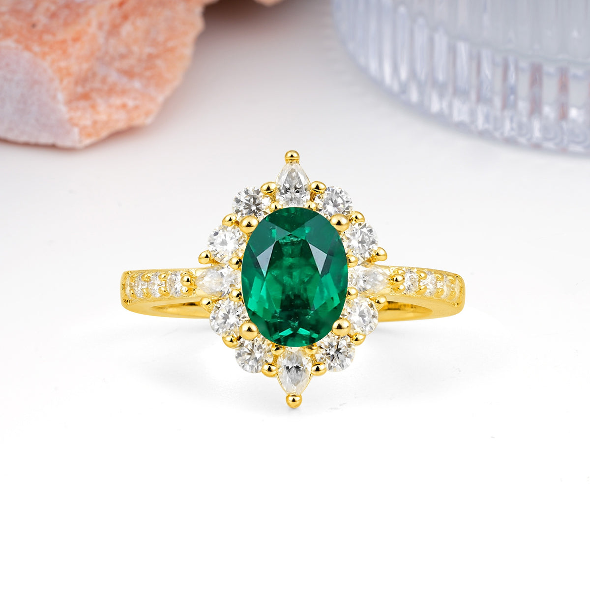 Classic Pavé-Set, Luxurious 4-Prong Oval Cut Emerald Engagement Ring - Additional view