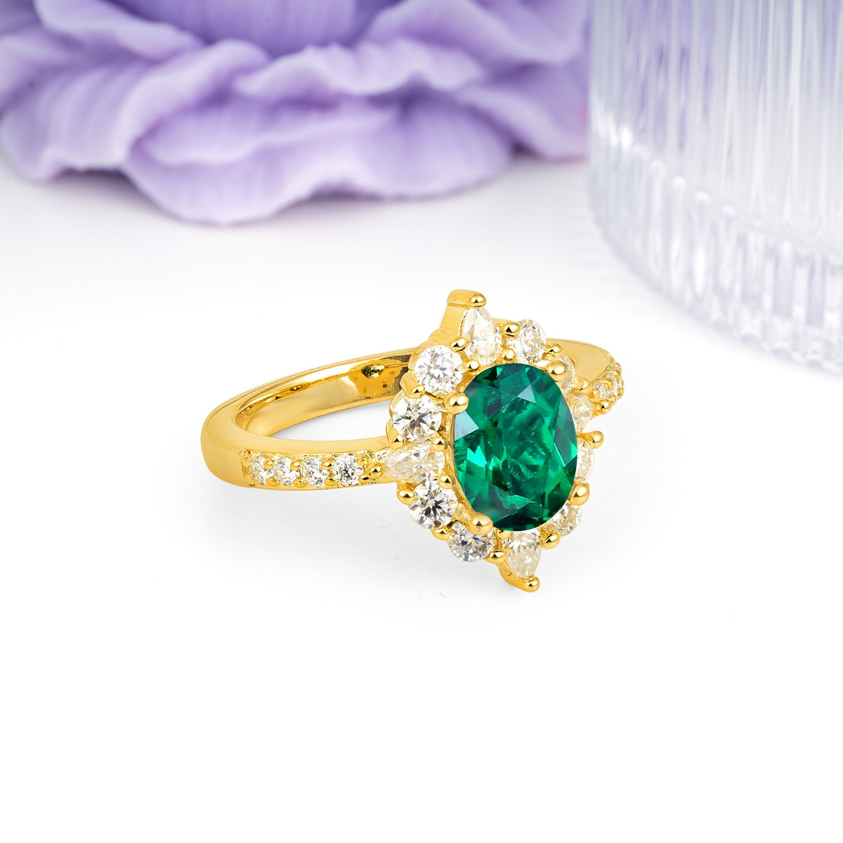Classic Pavé-Set, Luxurious 4-Prong Oval Cut Emerald Engagement Ring - Additional view