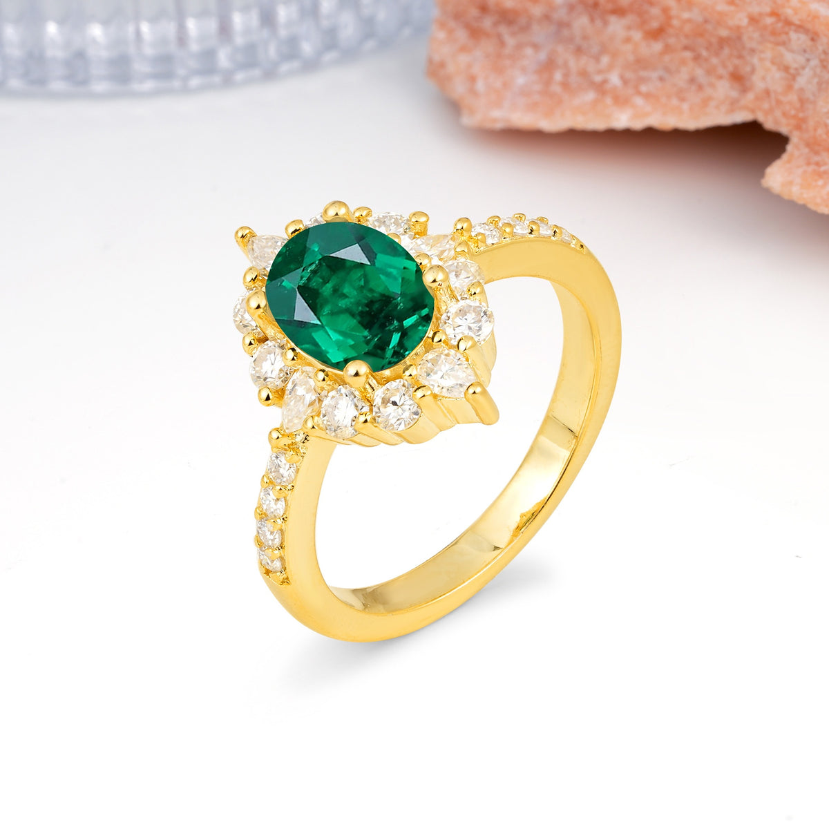 Classic Pavé-Set, Luxurious 4-Prong Oval Cut Emerald Engagement Ring - Additional view