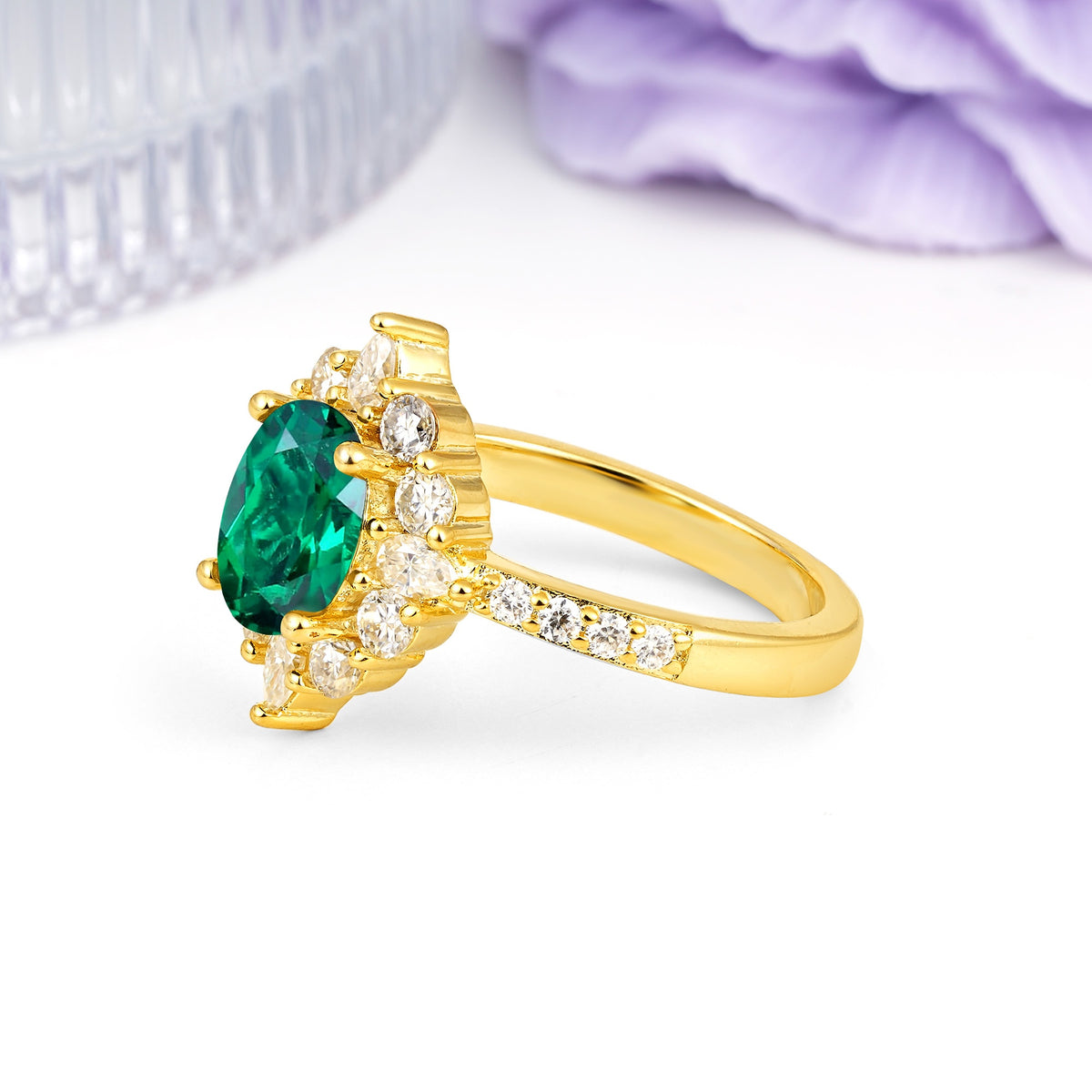 Classic Pavé-Set, Luxurious 4-Prong Oval Cut Emerald Engagement Ring - Additional view