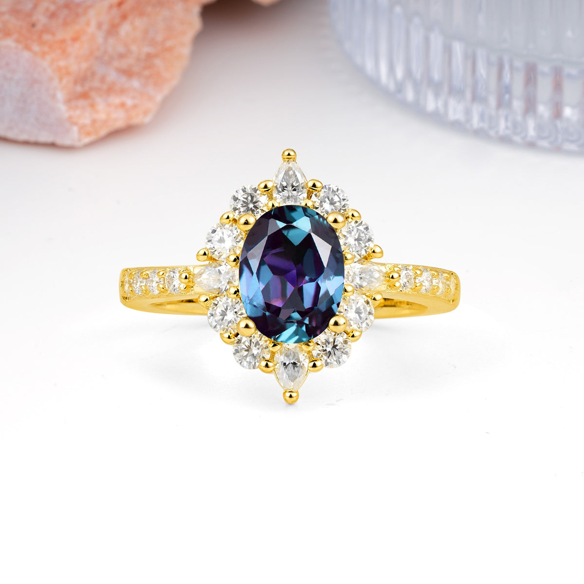 Classic Pavé-Set, Luxurious 4-Prong Oval Cut Alexandrite Engagement Ring - Additional view