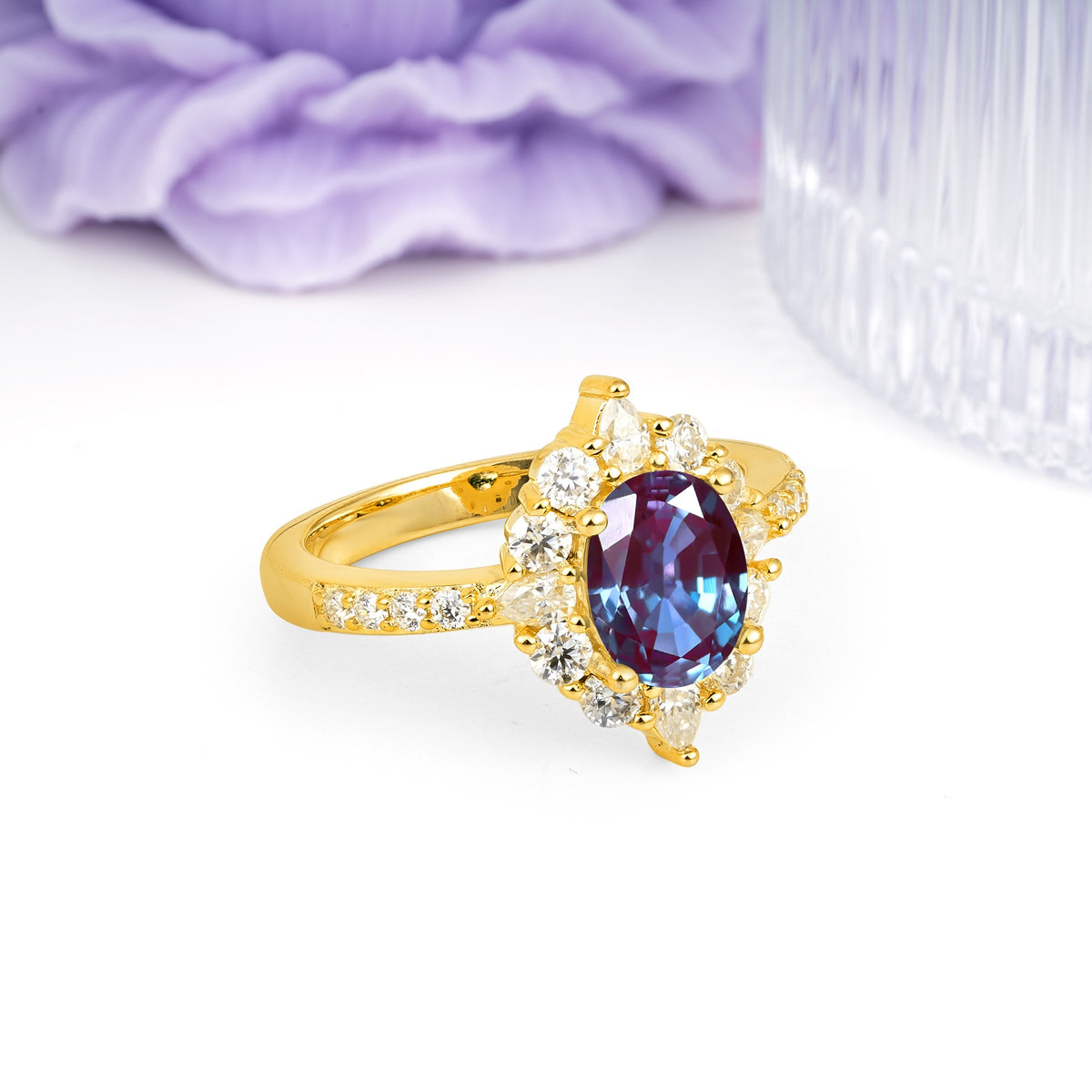 Classic Pavé-Set, Luxurious 4-Prong Oval Cut Alexandrite Engagement Ring - Additional view