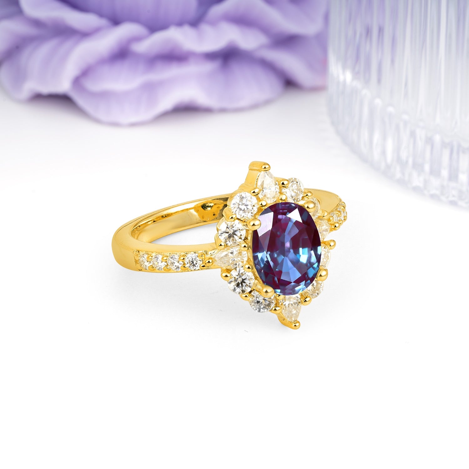 Classic Pavé-Set, Luxurious 4-Prong Oval Cut Alexandrite Engagement Ring - Additional view