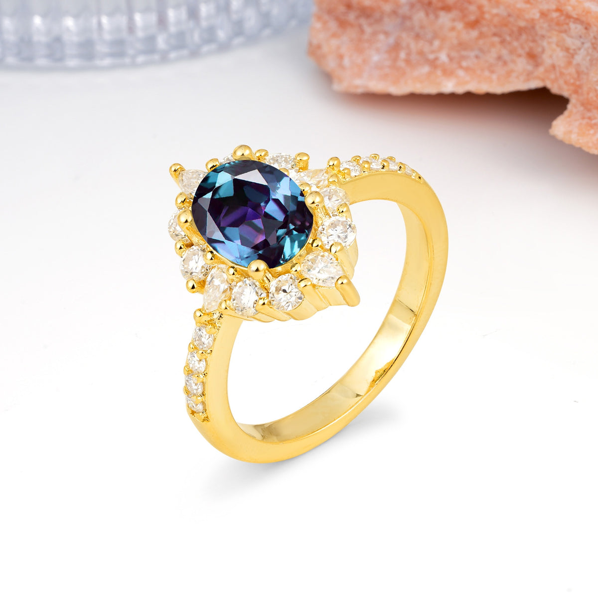 Classic Pavé-Set, Luxurious 4-Prong Oval Cut Alexandrite Engagement Ring - Additional view