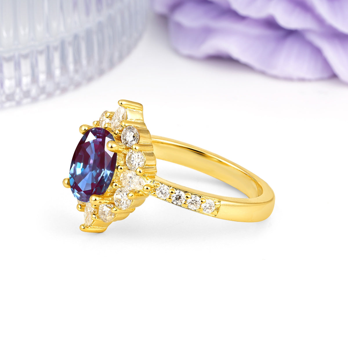Classic Pavé-Set, Luxurious 4-Prong Oval Cut Alexandrite Engagement Ring - Additional view