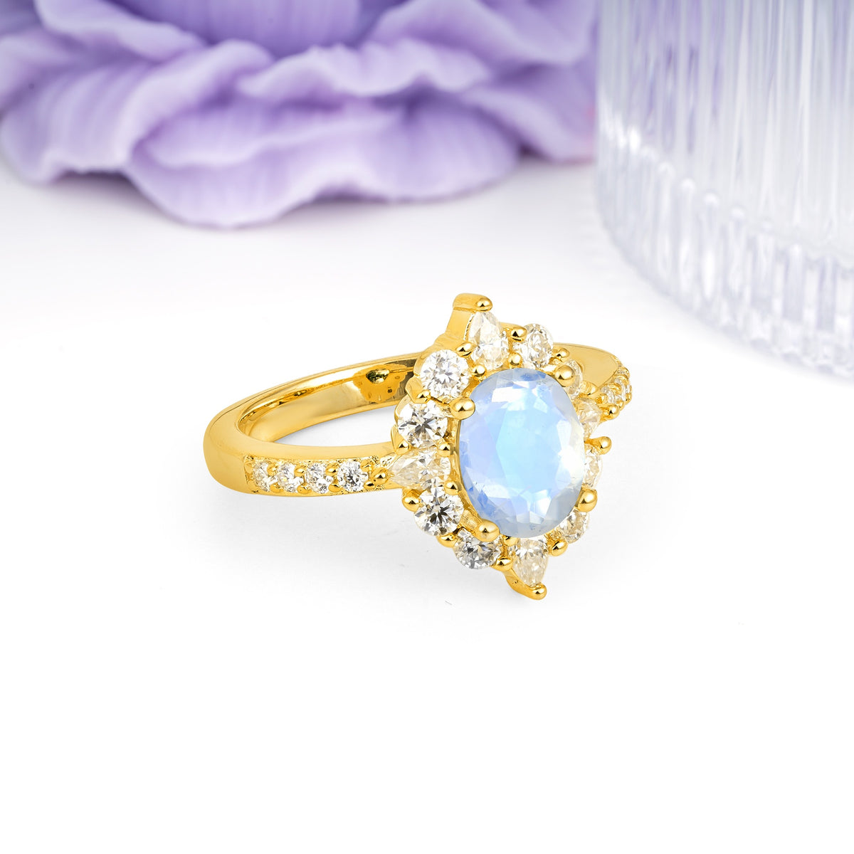 Classic Pavé-Set, Luxurious 4-Prong Oval Cut Moonstone Engagement Ring - Additional view