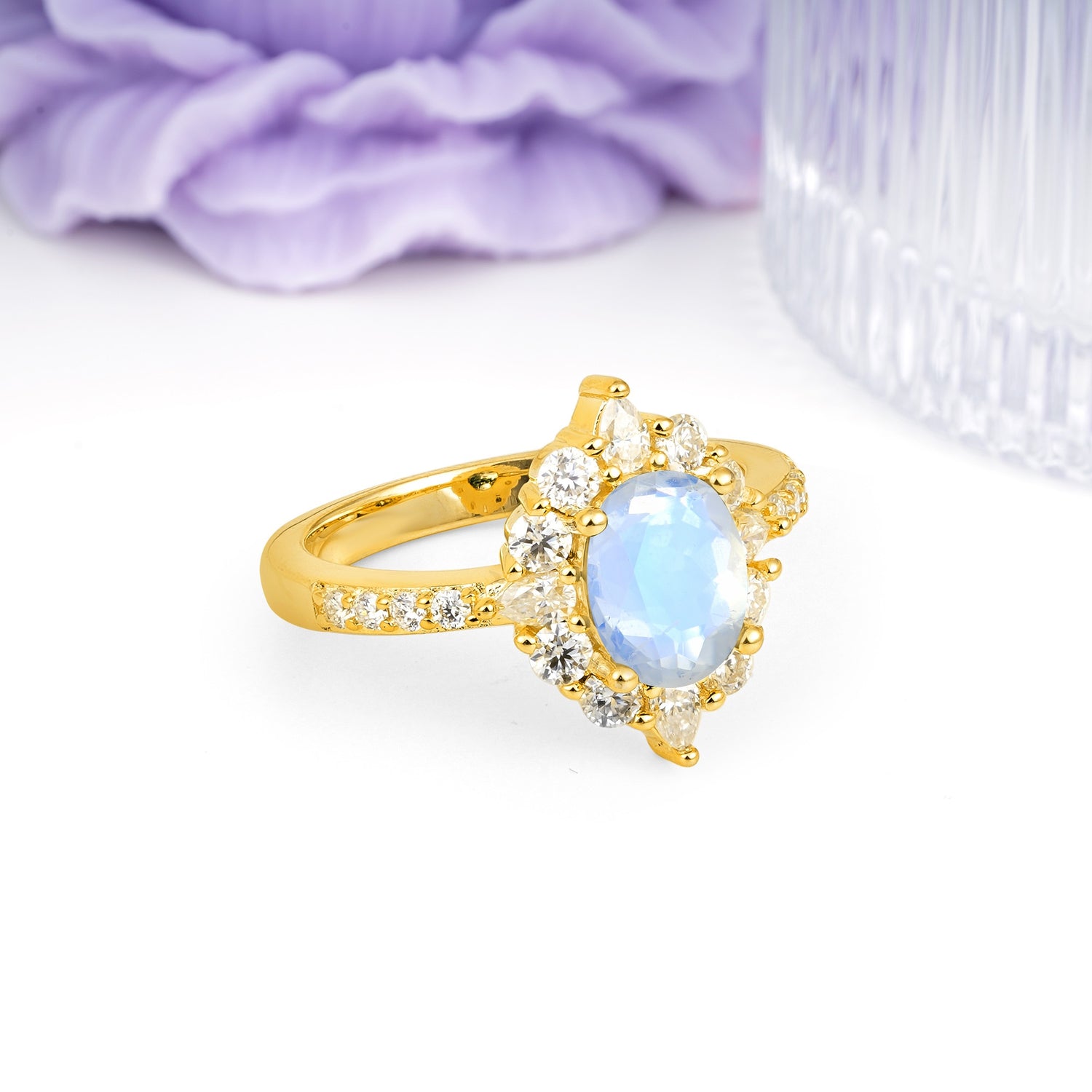 Classic Pavé-Set, Luxurious 4-Prong Oval Cut Moonstone Engagement Ring - Additional view