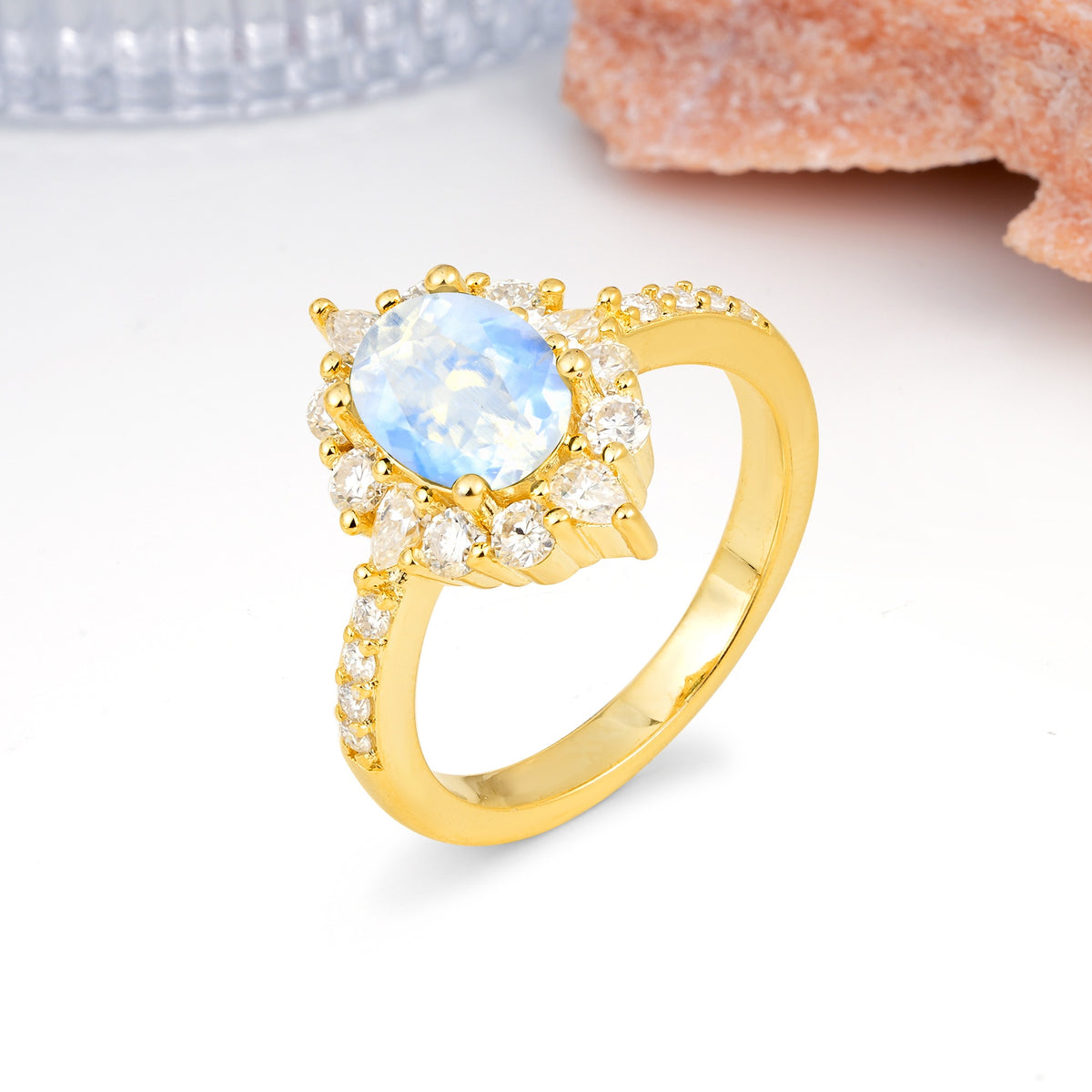 Classic Pavé-Set, Luxurious 4-Prong Oval Cut Moonstone Engagement Ring - Additional view