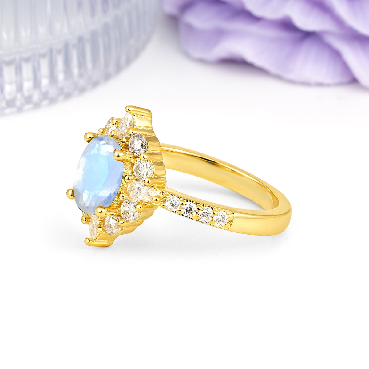 Classic Pavé-Set, Luxurious 4-Prong Oval Cut Moonstone Engagement Ring - Additional view