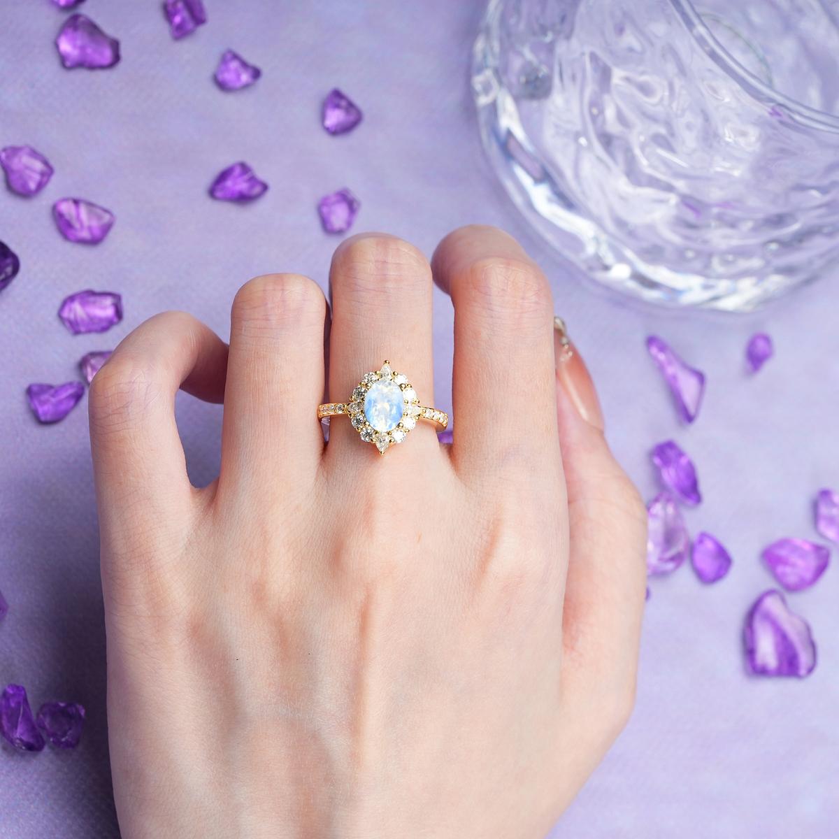 Classic Pavé-Set, Luxurious 4-Prong Oval Cut Moonstone Engagement Ring