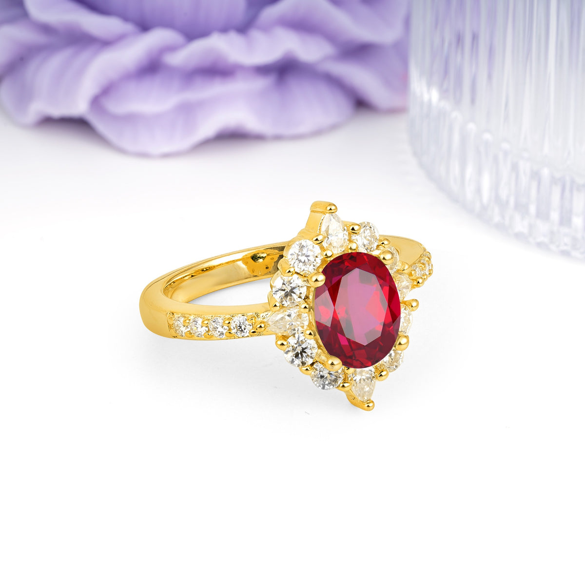 Classic Pavé-Set, Luxurious 4-Prong Oval Cut Ruby Engagement Ring - Additional view