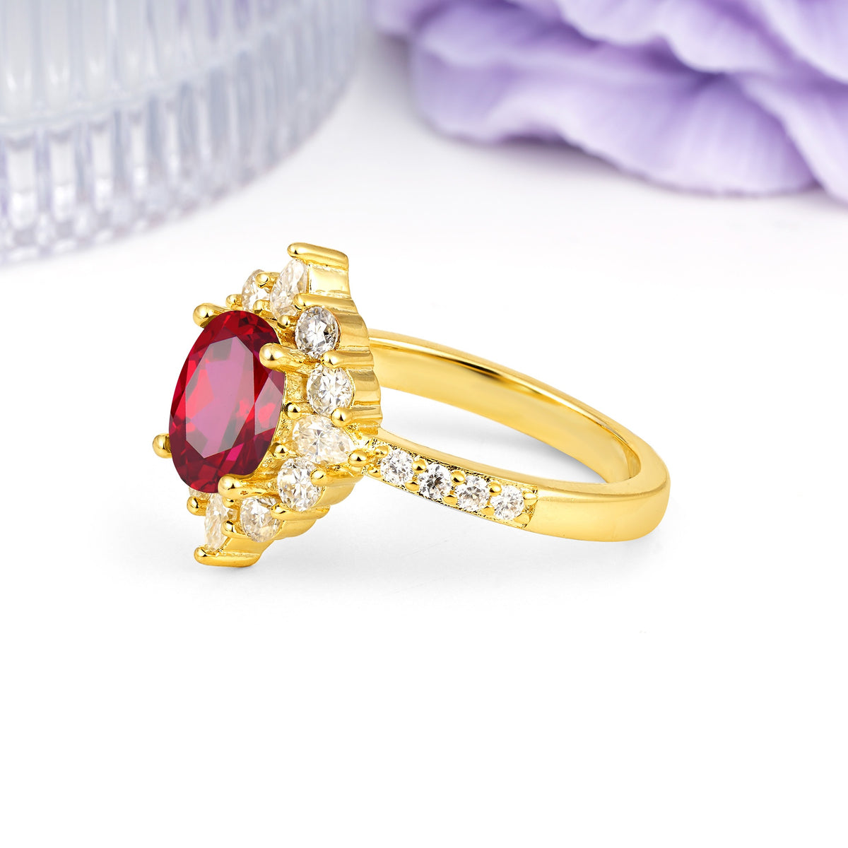 Classic Pavé-Set, Luxurious 4-Prong Oval Cut Ruby Engagement Ring - Additional view