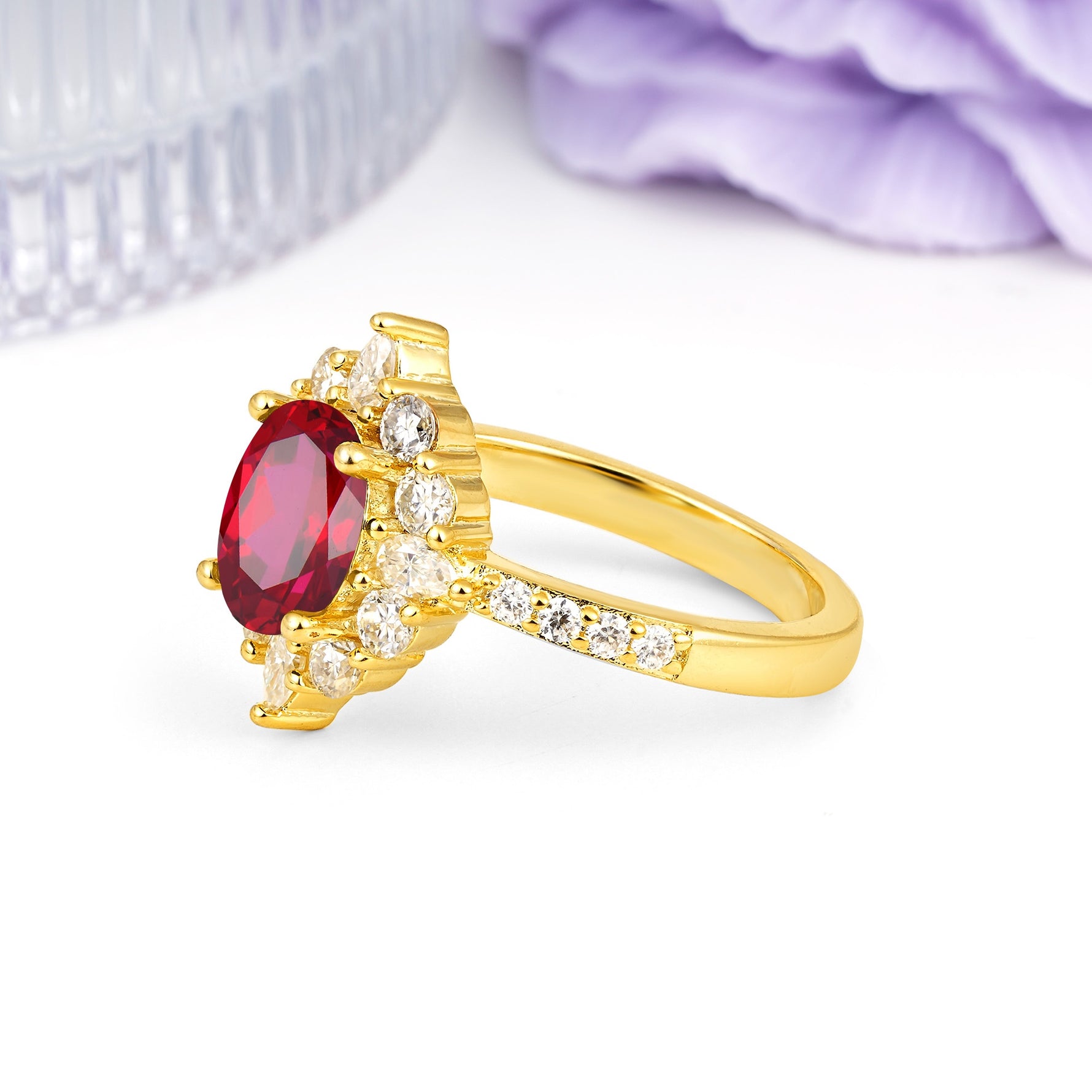Classic Pavé-Set, Luxurious 4-Prong Oval Cut Ruby Engagement Ring - Additional view