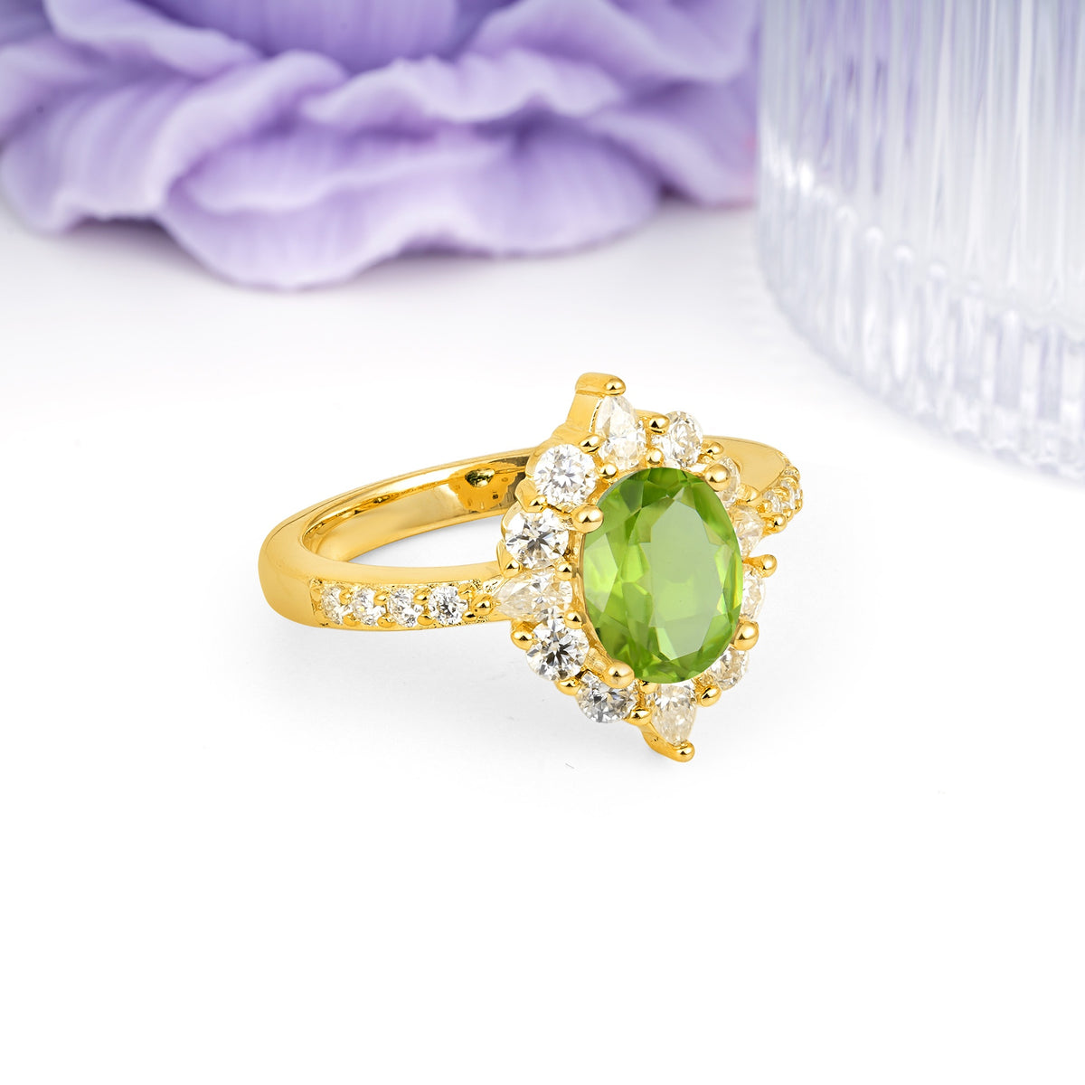 Classic Pavé-Set, Luxurious 4-Prong Oval Cut Peridot Engagement Ring - Additional view