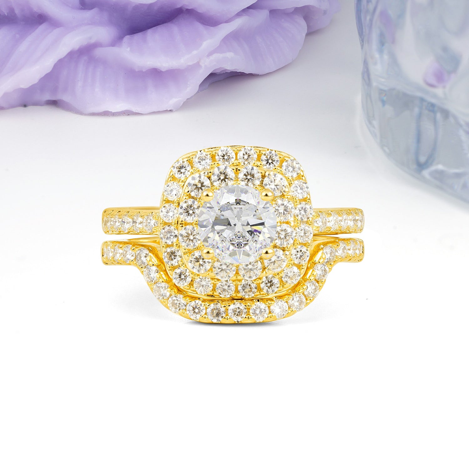 Classic Pavé-Set, Luxurious 4-Prong Round Cut Moissanite Bridal Ring Set
