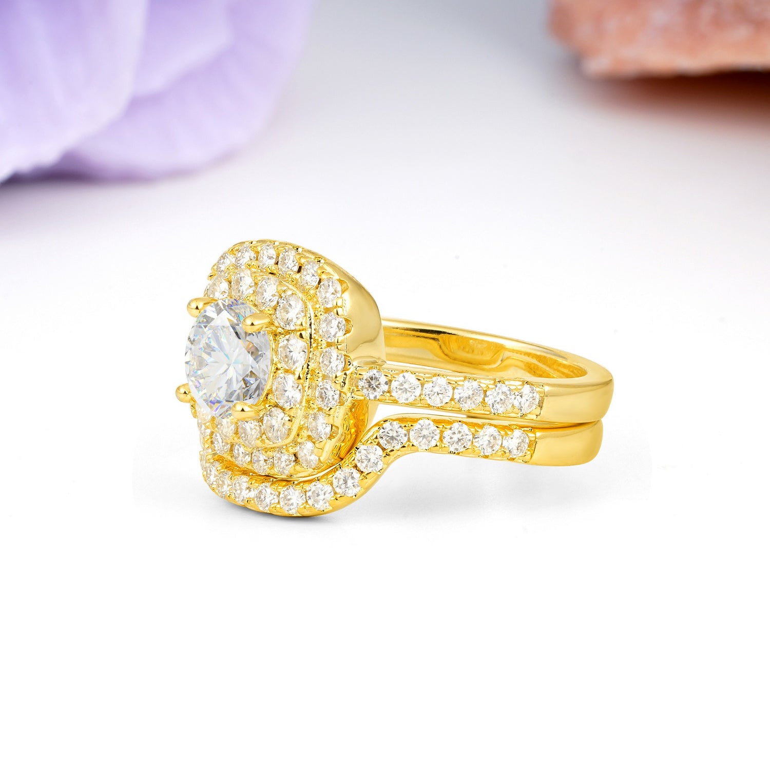 Classic Pavé-Set, Luxurious 4-Prong Round Cut Moissanite Bridal Ring Set