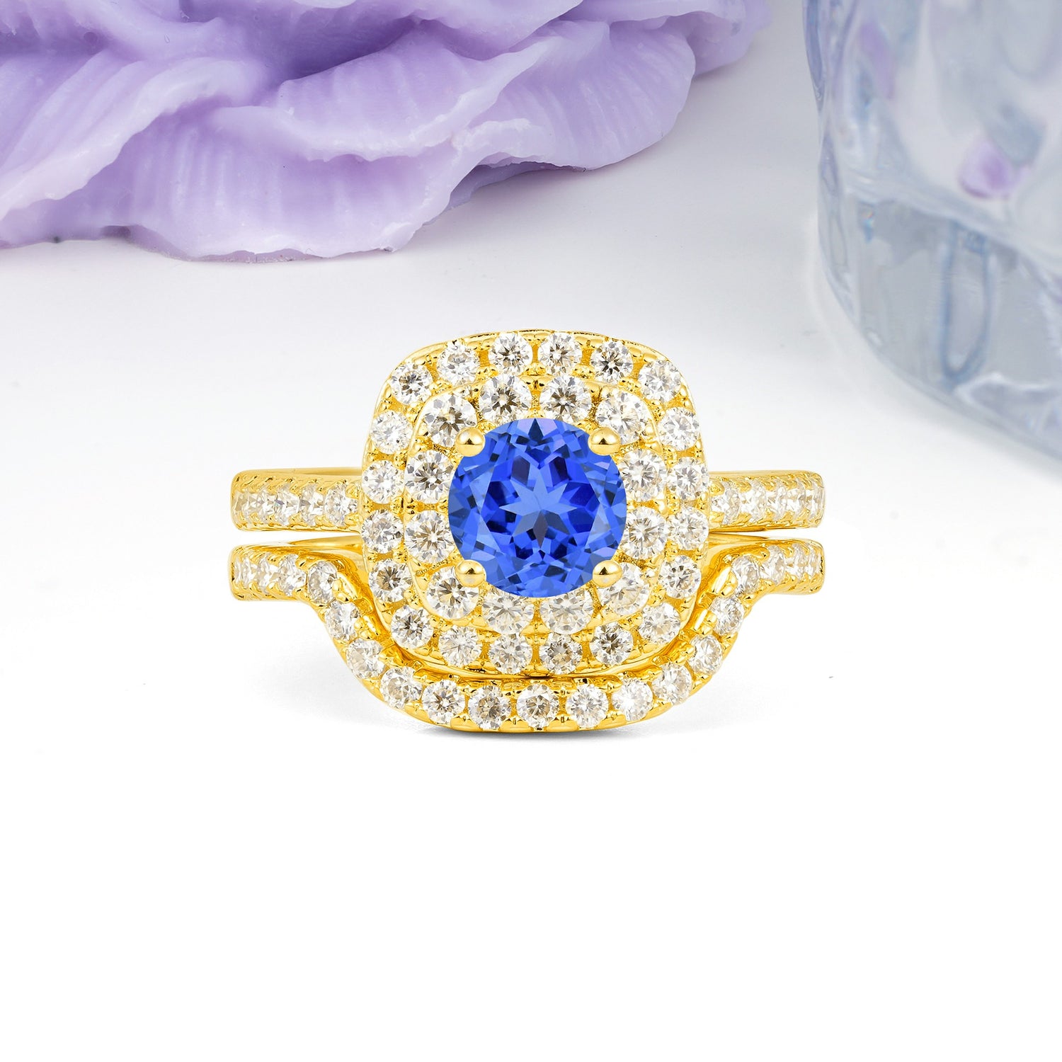 Classic Pavé-Set, Luxurious 4-Prong Round Cut Sapphire Bridal Ring Set