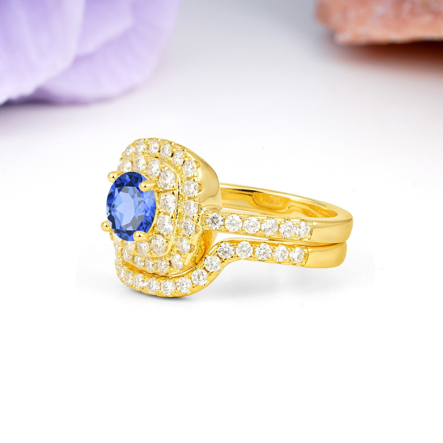 Classic Pavé-Set, Luxurious 4-Prong Round Cut Sapphire Bridal Ring Set