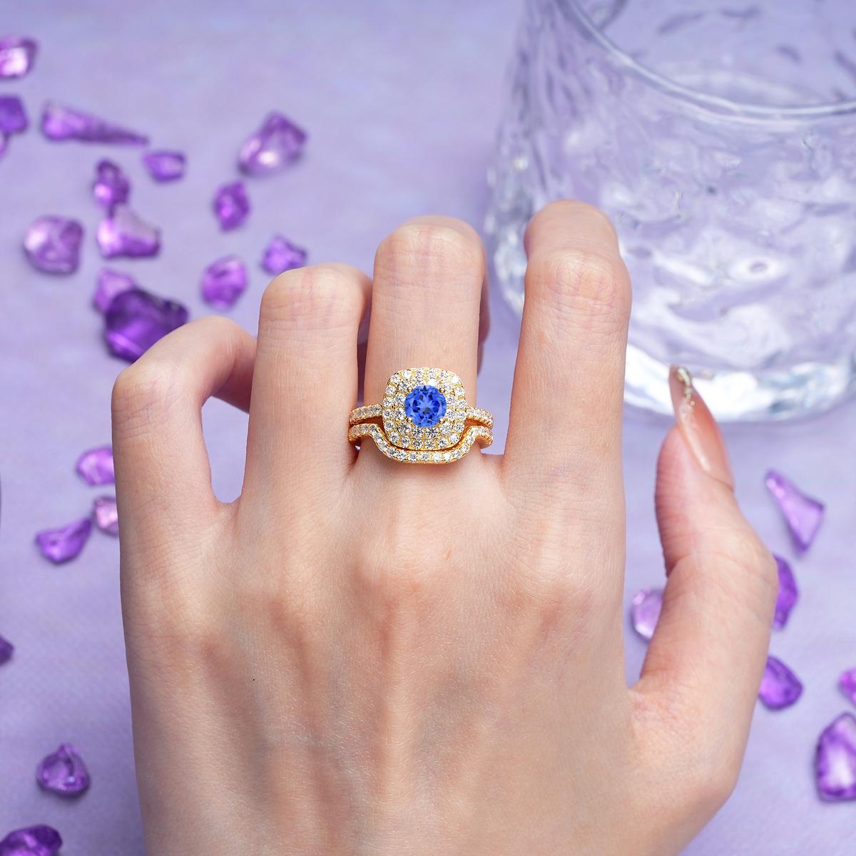 Classic Pavé-Set, Luxurious 4-Prong Round Cut Sapphire Bridal Ring Set