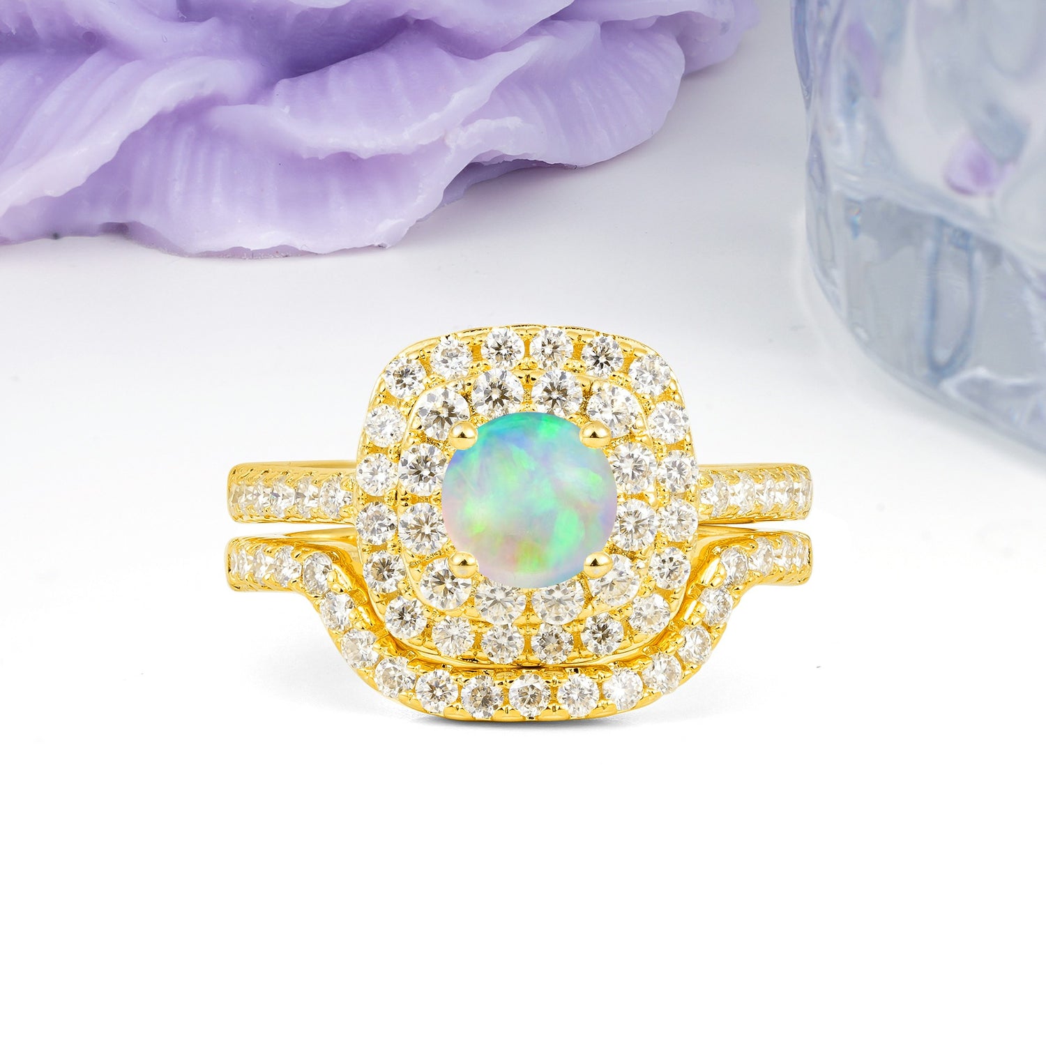 Classic Pavé-Set, Luxurious 4-Prong Round Cut Fire Opal Bridal Ring Set