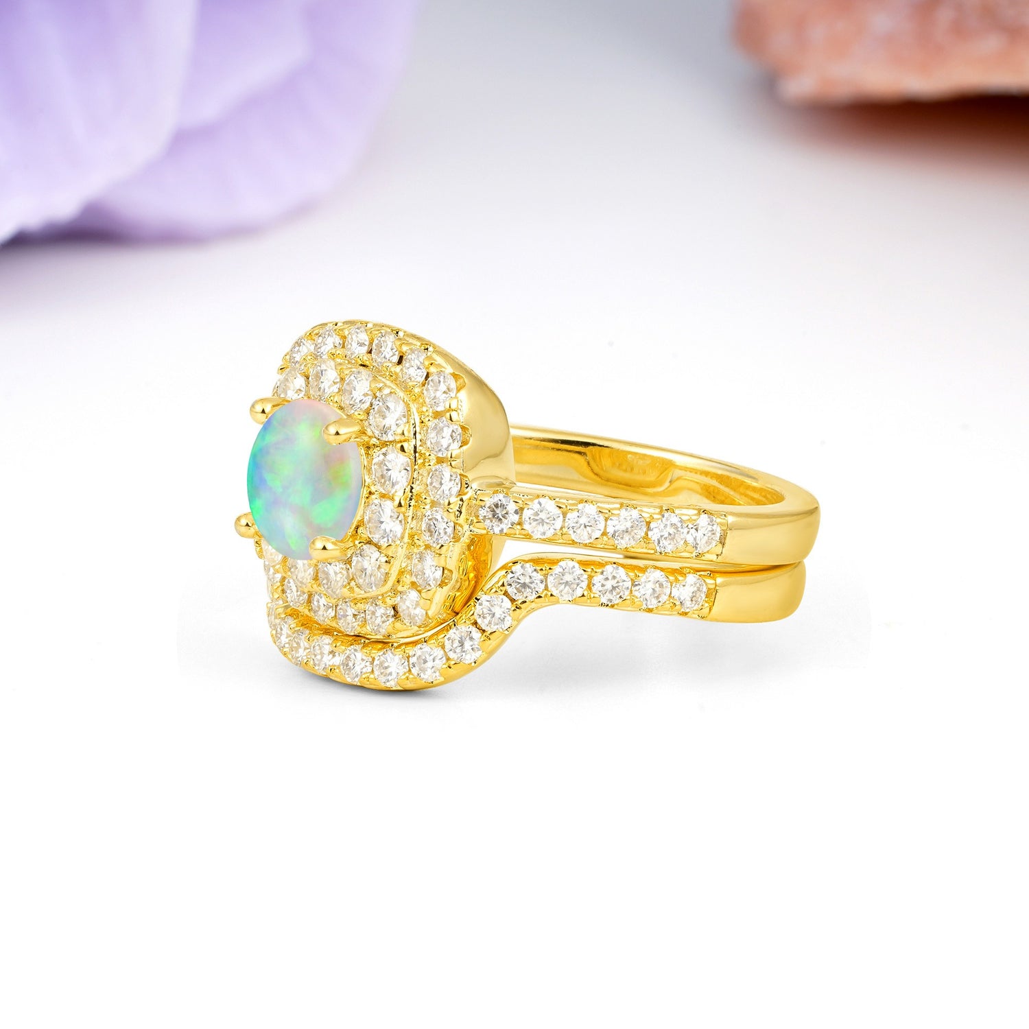 Classic Pavé-Set, Luxurious 4-Prong Round Cut Fire Opal Bridal Ring Set