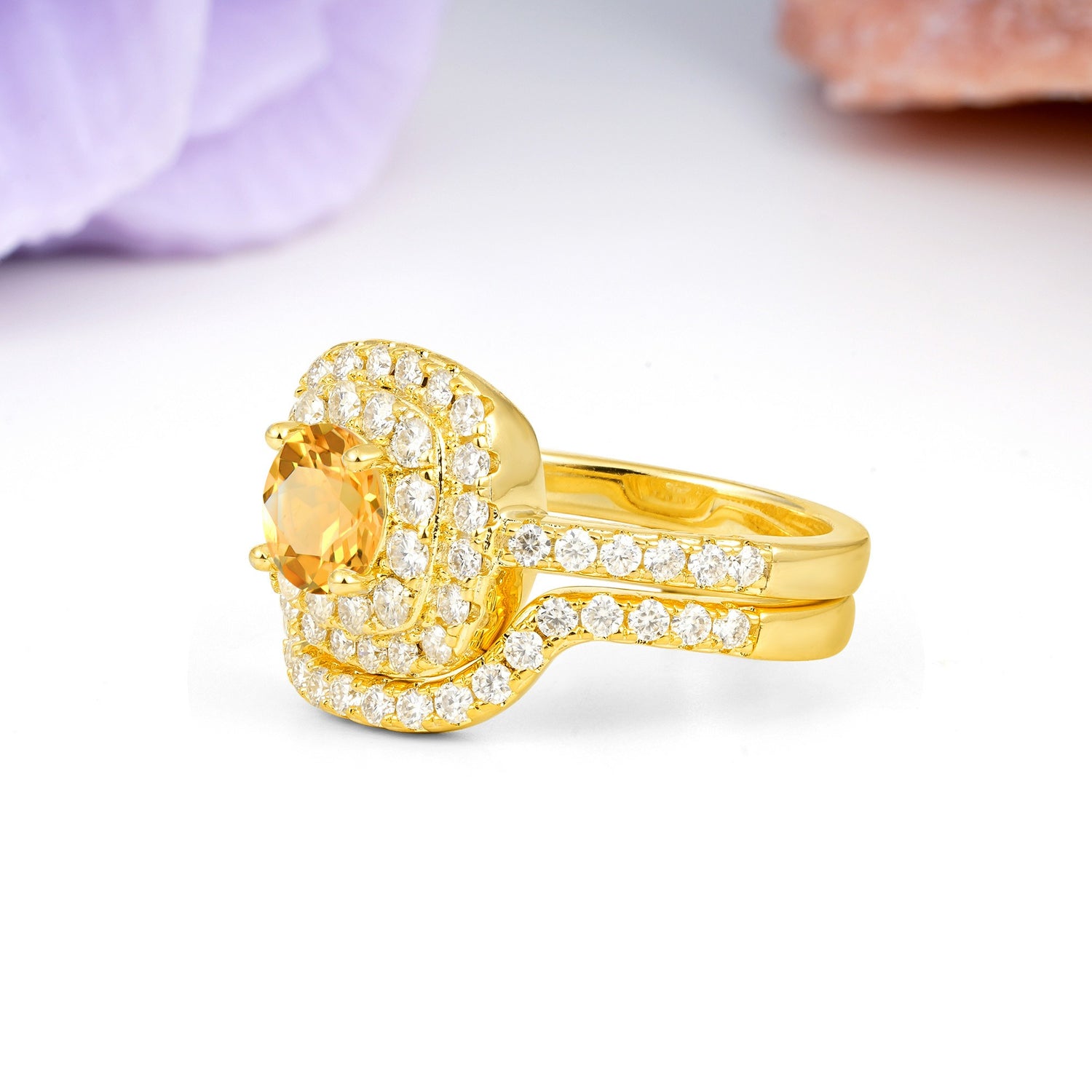 Classic Pavé-Set, Luxurious 4-Prong Round Cut Citrine Bridal Ring Set