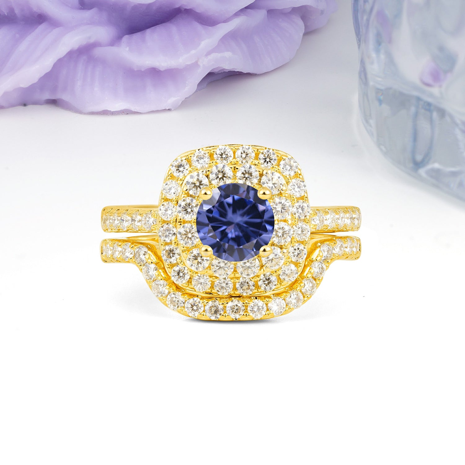 Classic Pavé-Set, Luxurious 4-Prong Round Cut Tanzanite Bridal Ring Set