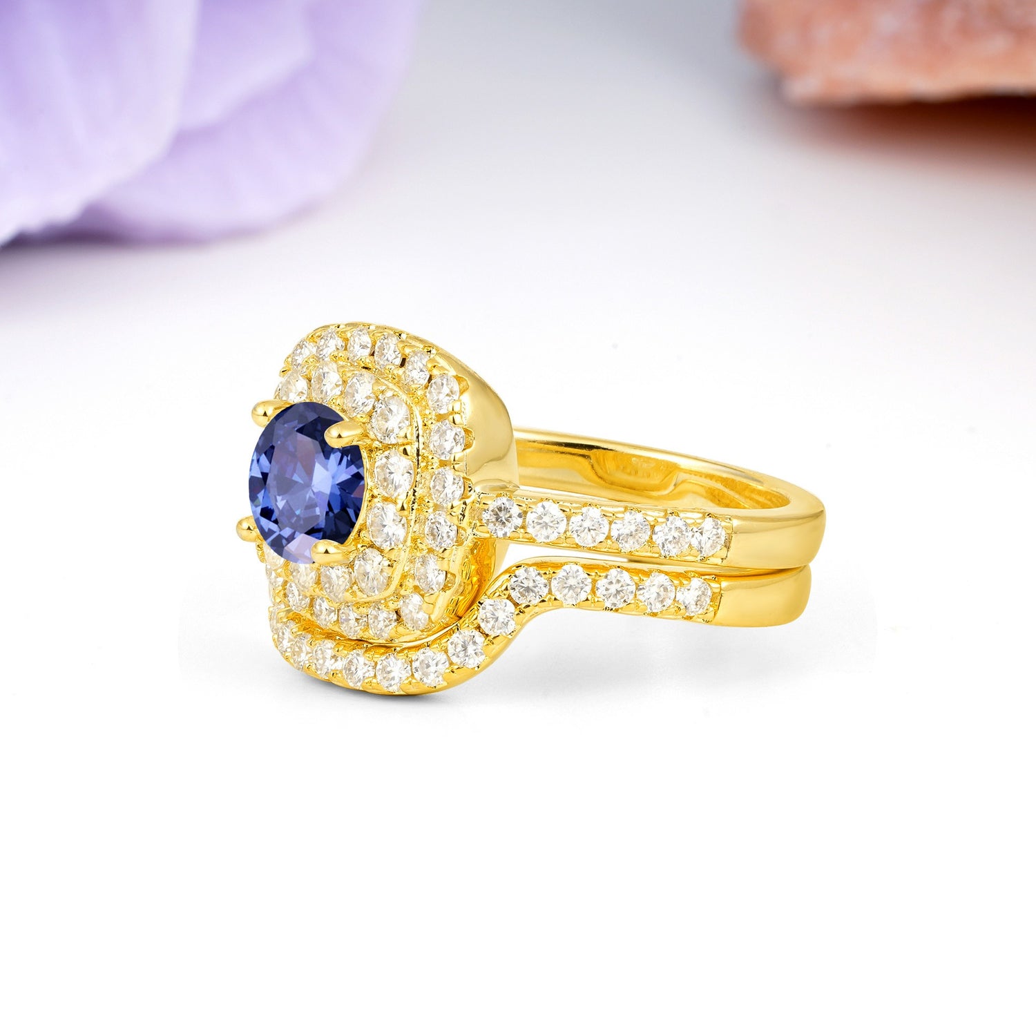 Classic Pavé-Set, Luxurious 4-Prong Round Cut Tanzanite Bridal Ring Set