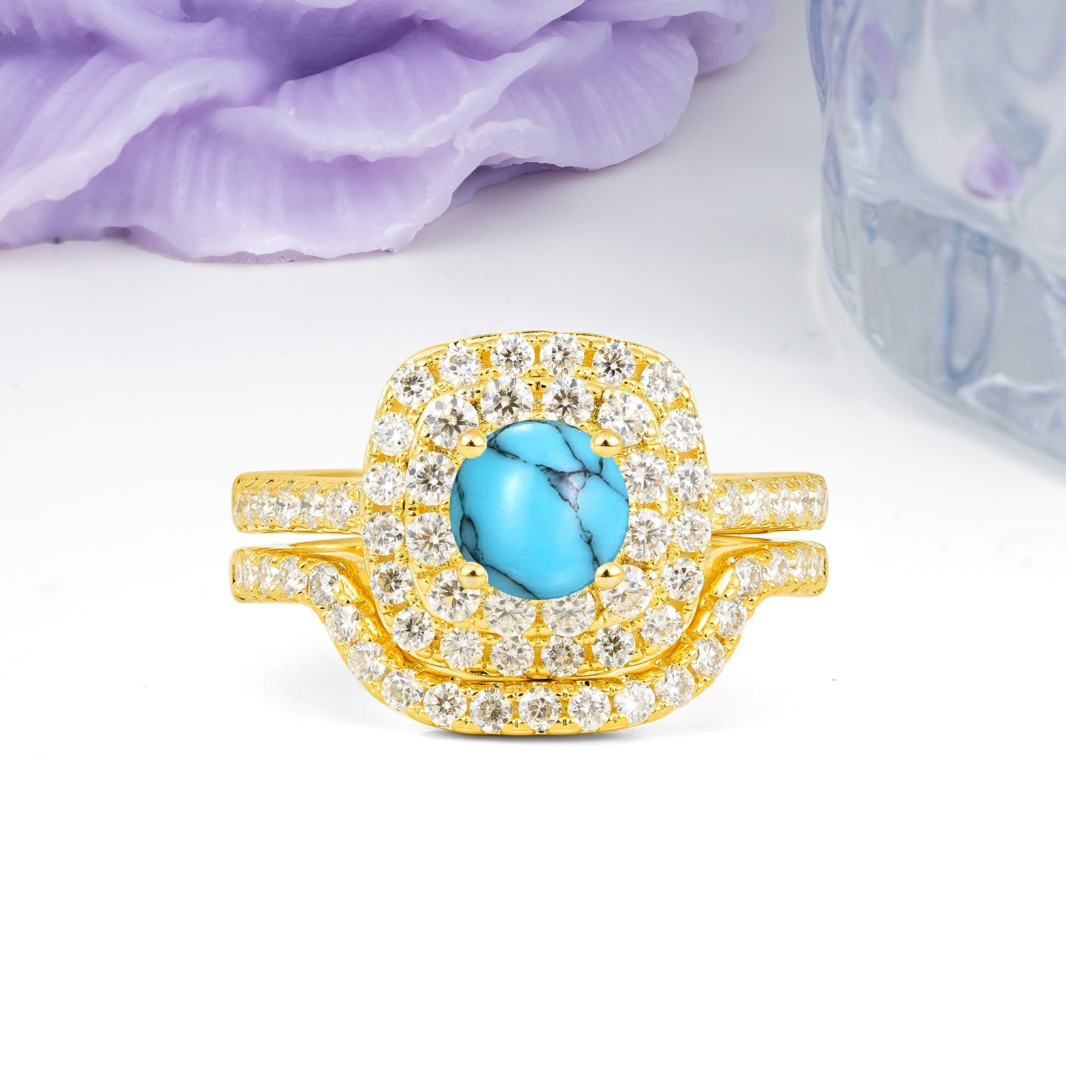 Classic Pavé-Set, Luxurious 4-Prong Round Cut Turquoise Bridal Ring Set