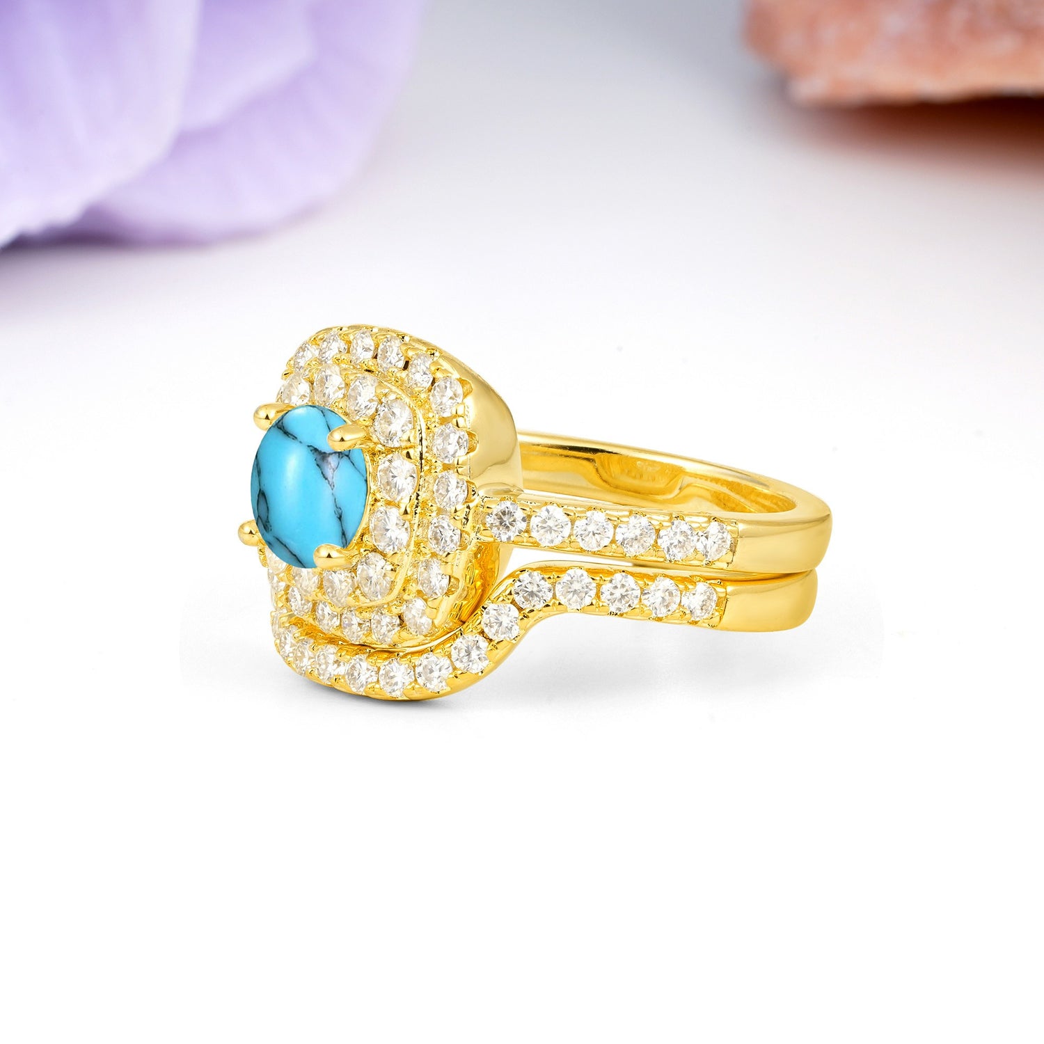 Classic Pavé-Set, Luxurious 4-Prong Round Cut Turquoise Bridal Ring Set
