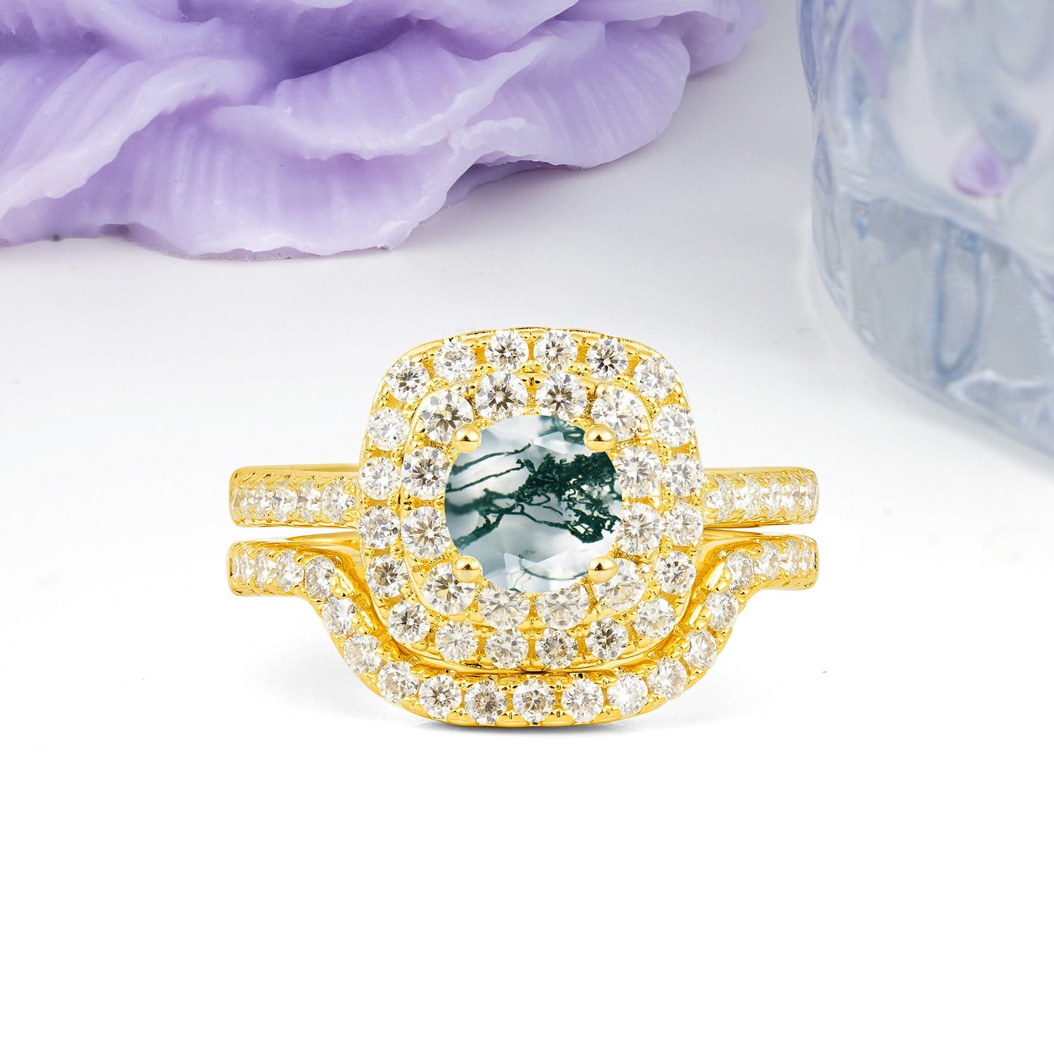Classic Pavé-Set, Luxurious 4-Prong Round Cut Moss Agate Bridal Ring Set