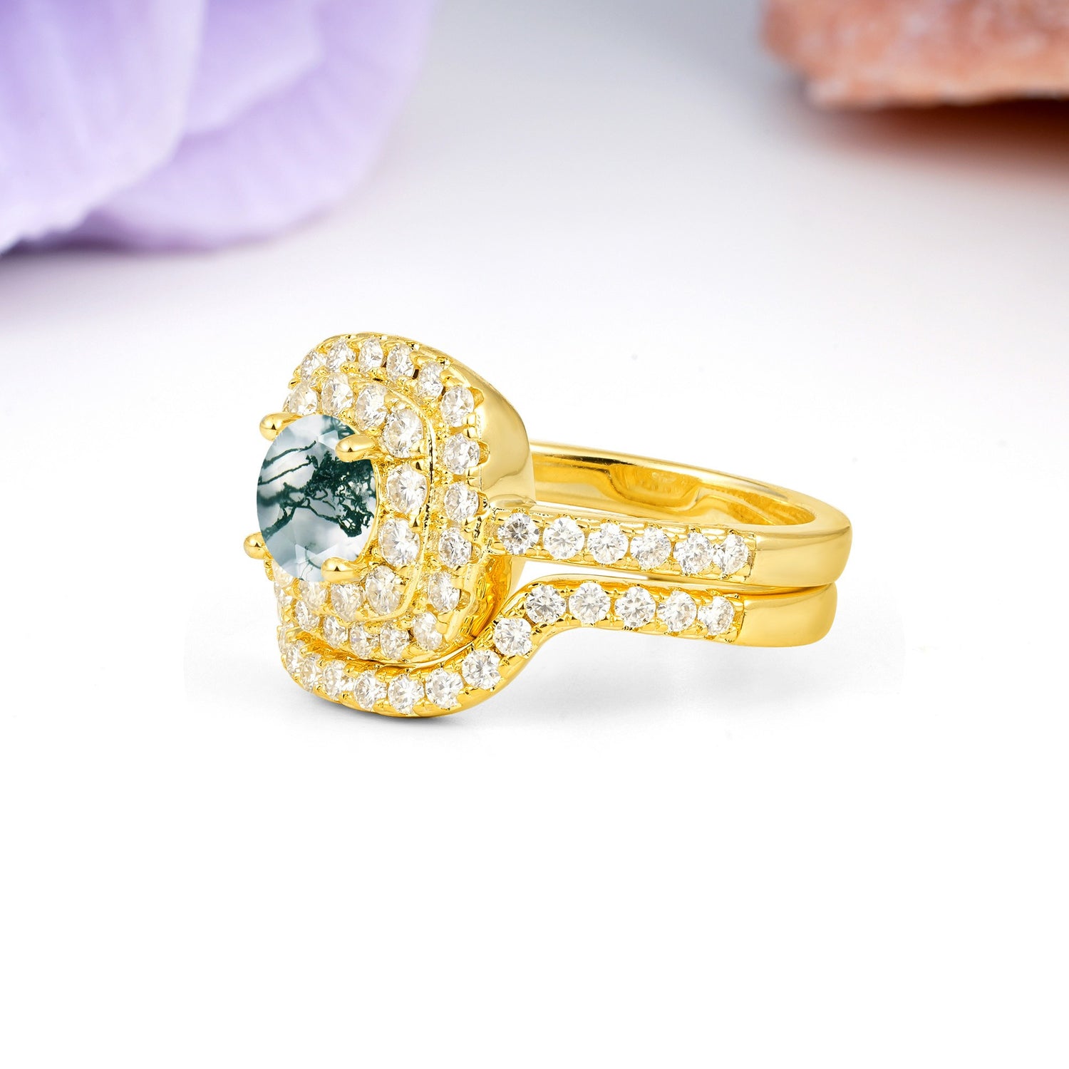 Classic Pavé-Set, Luxurious 4-Prong Round Cut Moss Agate Bridal Ring Set