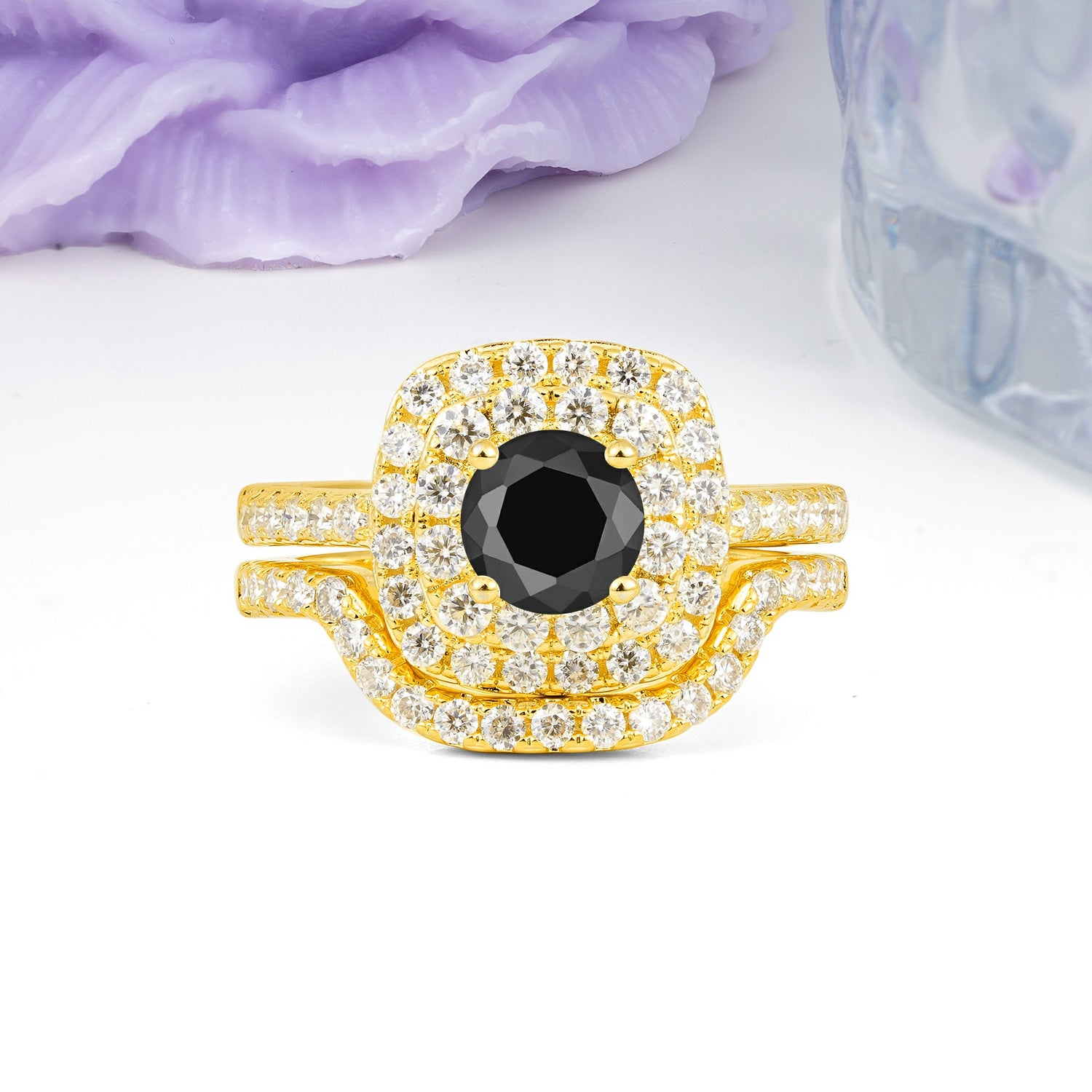 Classic Pavé-Set, Luxurious 4-Prong Round Cut Black Onyx Bridal Ring Set