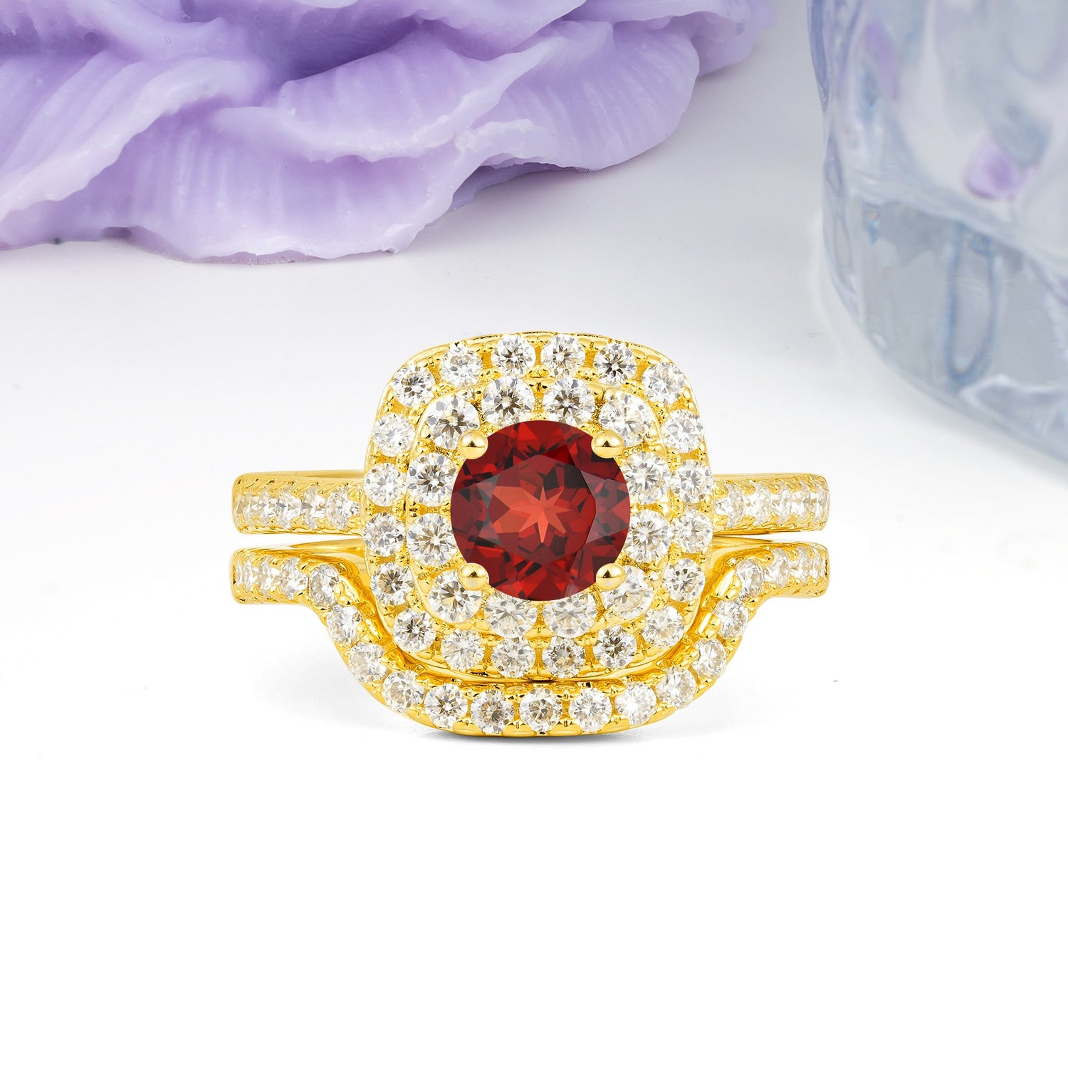 Classic Pavé-Set, Luxurious 4-Prong Round Cut Garnet Bridal Ring Set
