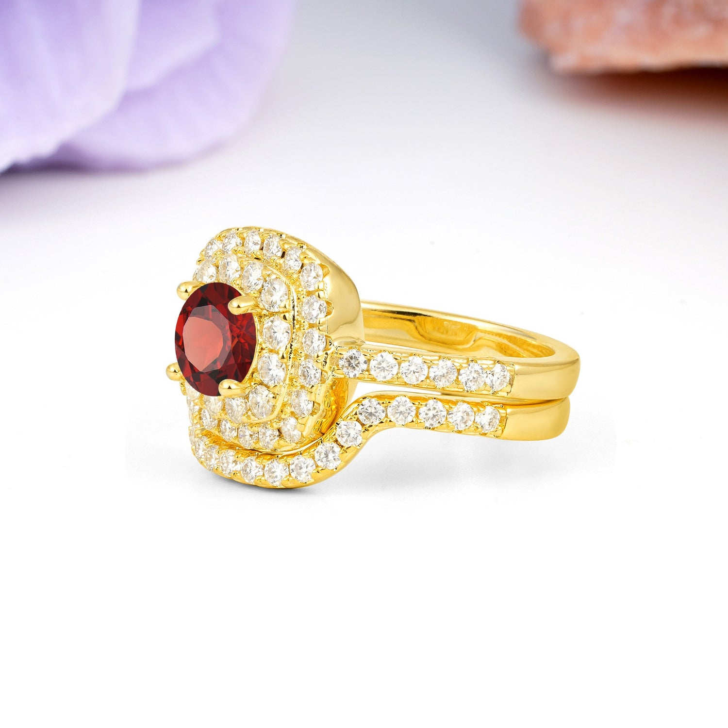 Classic Pavé-Set, Luxurious 4-Prong Round Cut Garnet Bridal Ring Set