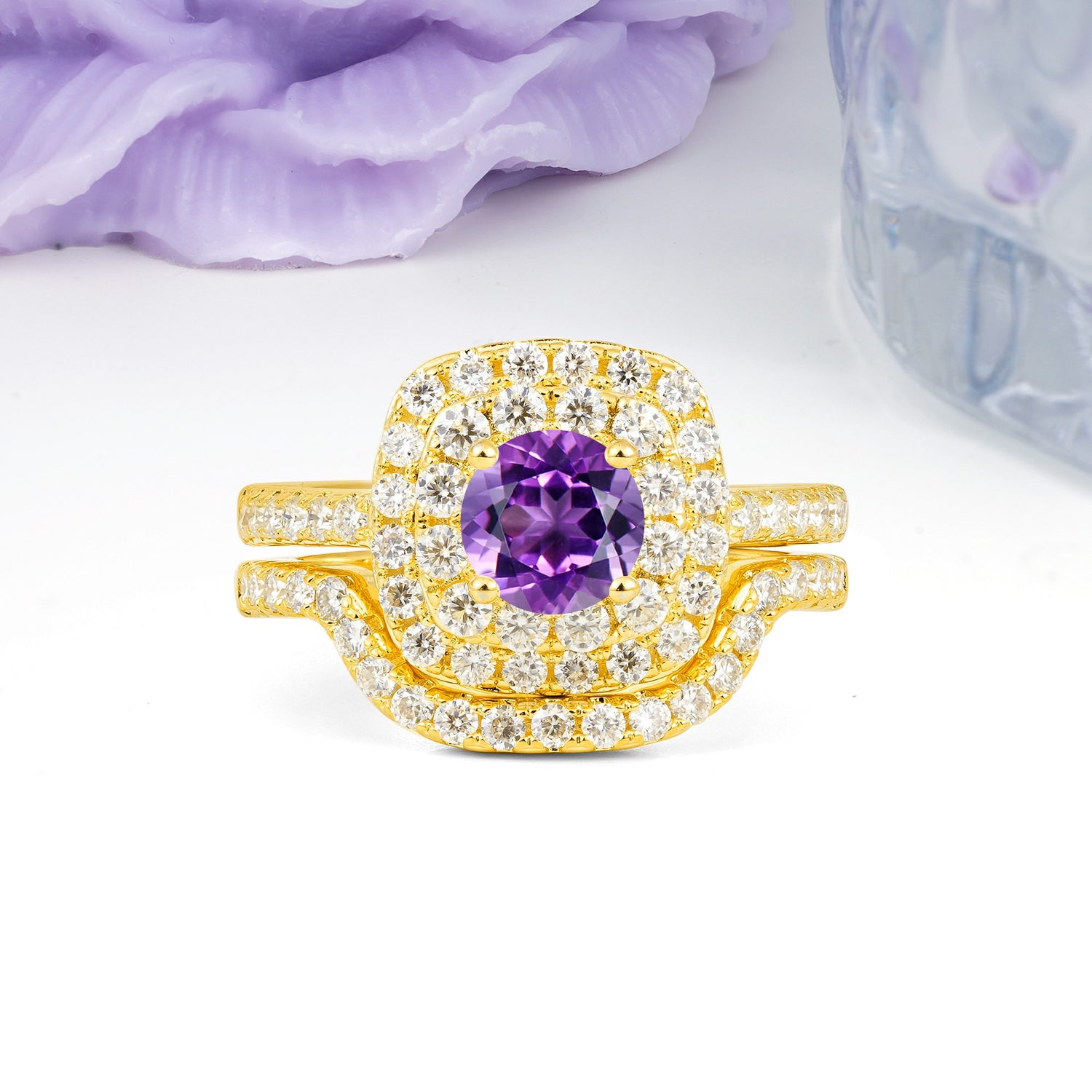 Classic Pavé-Set, Luxurious 4-Prong Round Cut Amethyst Bridal Ring Set