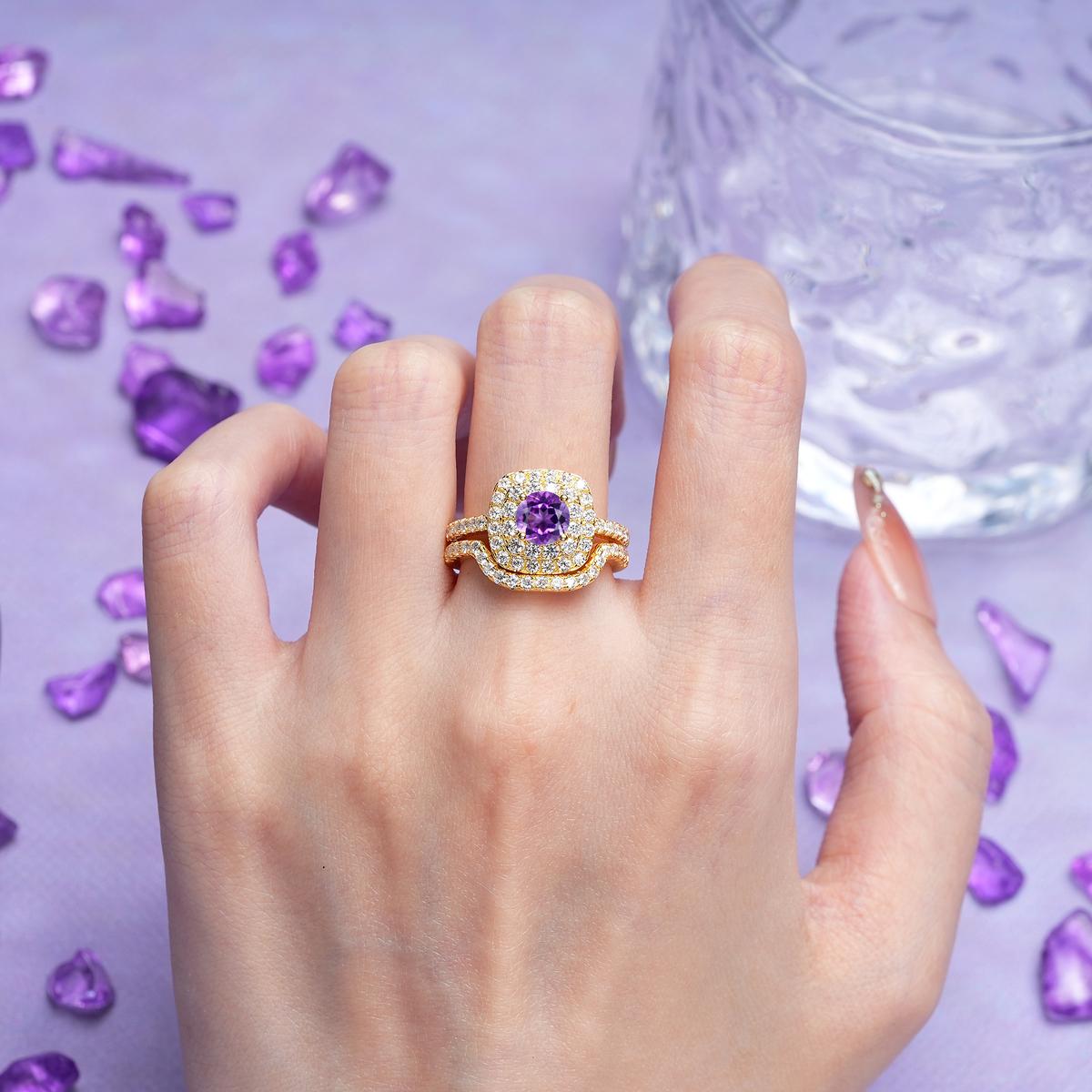 Classic Pavé-Set, Luxurious 4-Prong Round Cut Amethyst Bridal Ring Set